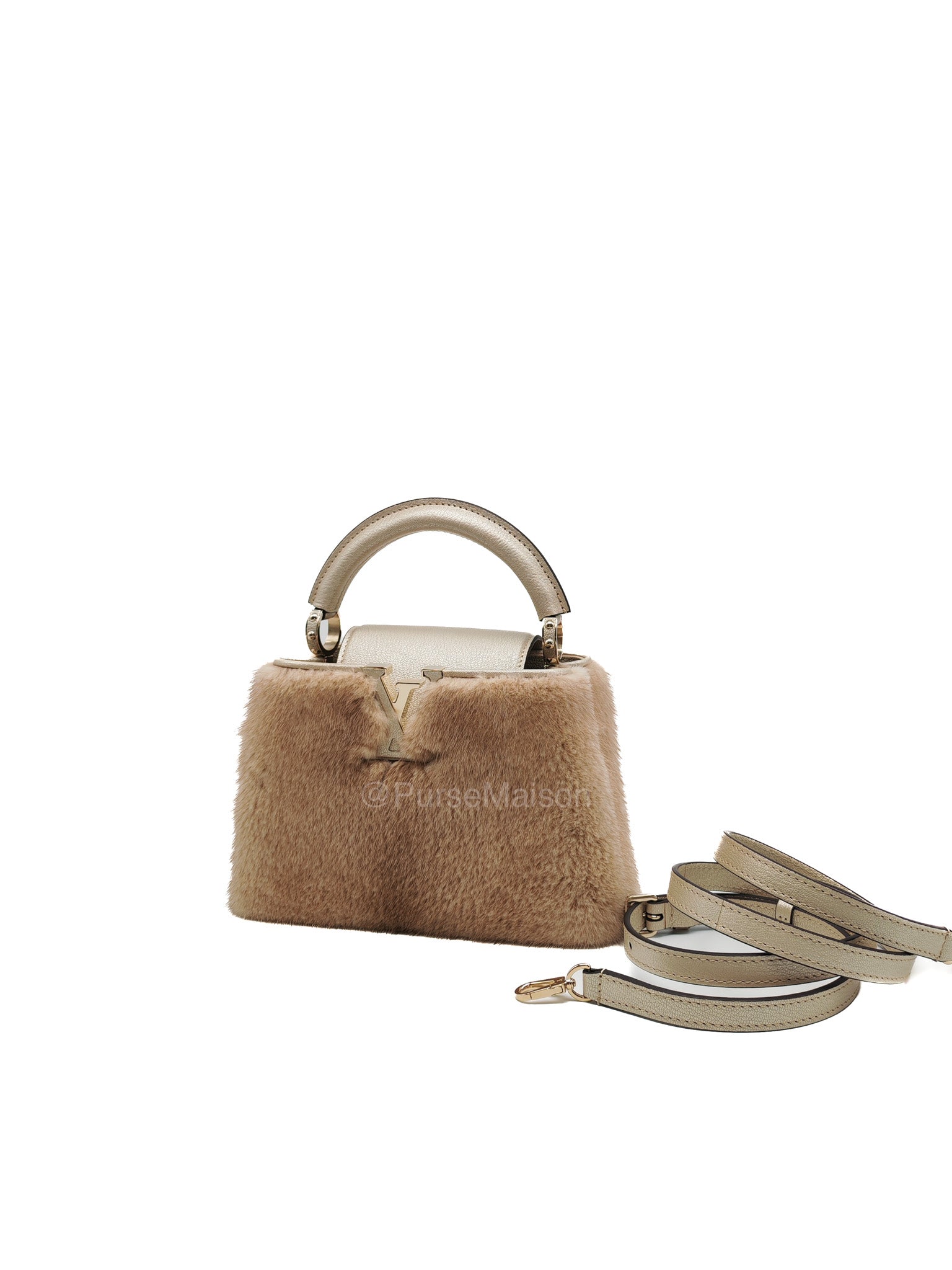 Louis Vuitton Capucines Handbag in Metallic Gold Goatskin Leather & Mink Fur (Microchip)