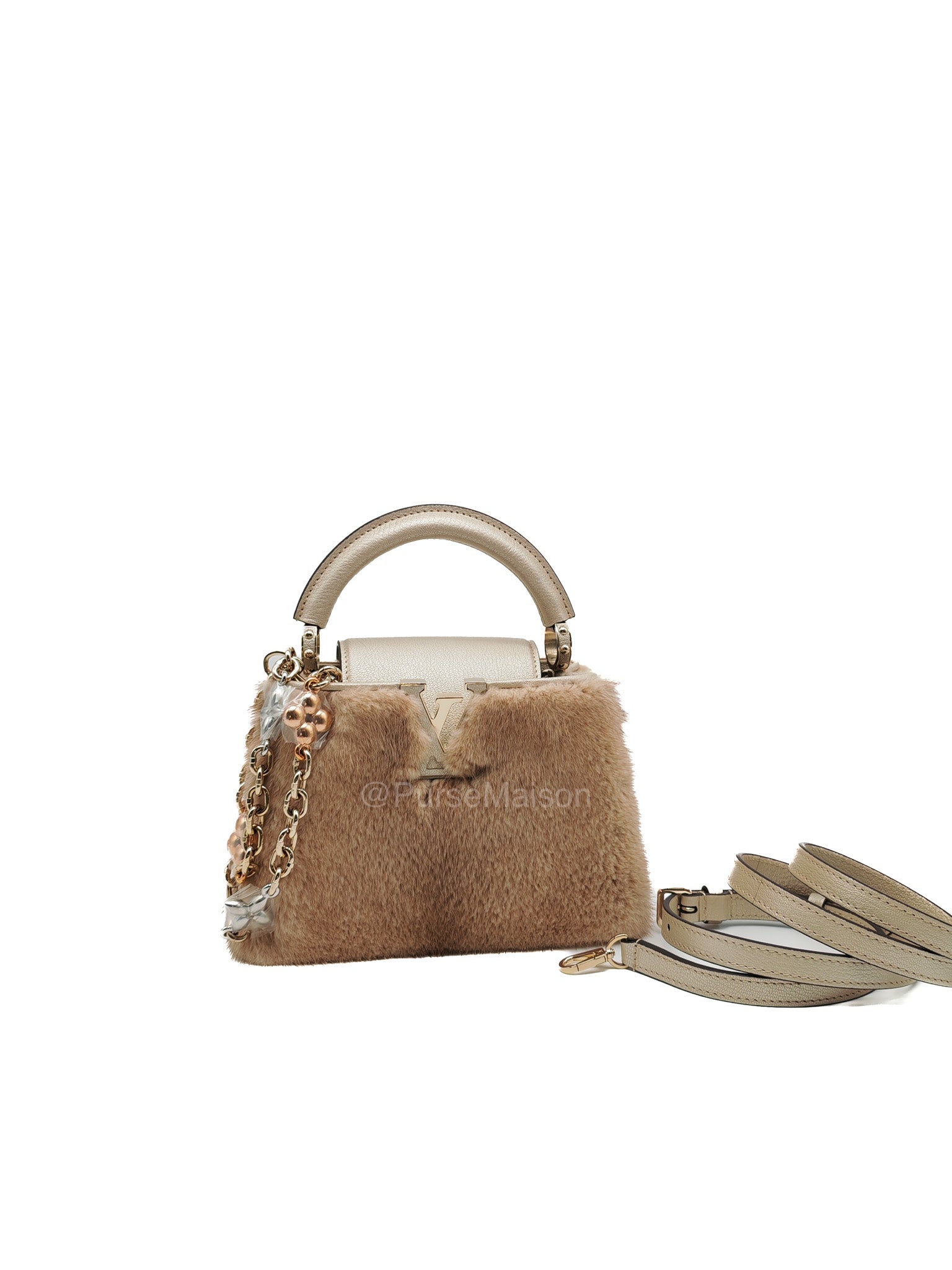 Louis Vuitton Capucines Handbag in Metallic Gold Goatskin Leather & Mink Fur (Microchip)