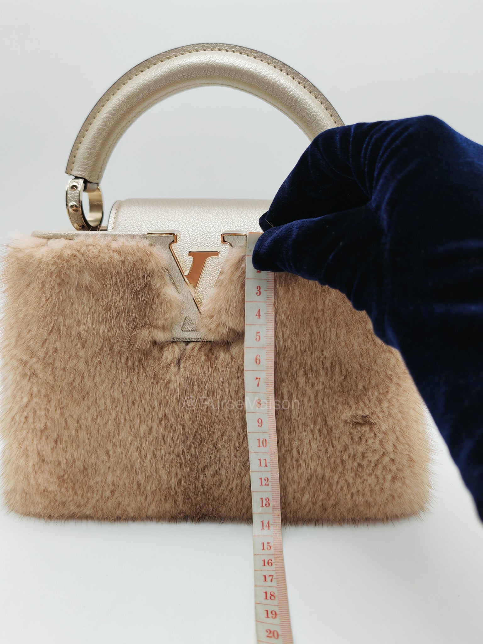 Louis Vuitton Capucines Handbag in Metallic Gold Goatskin Leather & Mink Fur (Microchip)