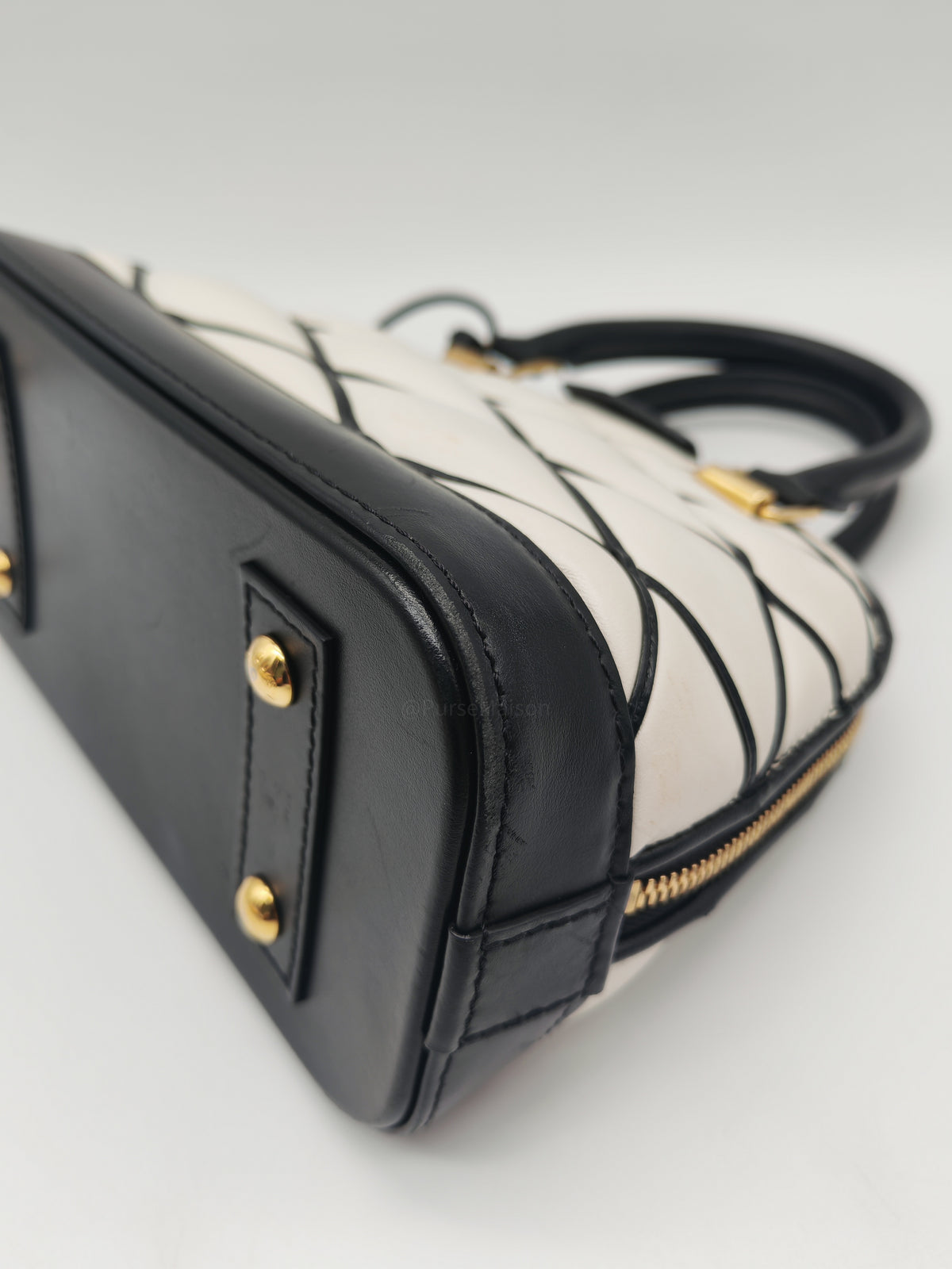 Louis Vuitton Alma BB in Malletage White and Black Lambskin Leather Gold Hardware Microchip