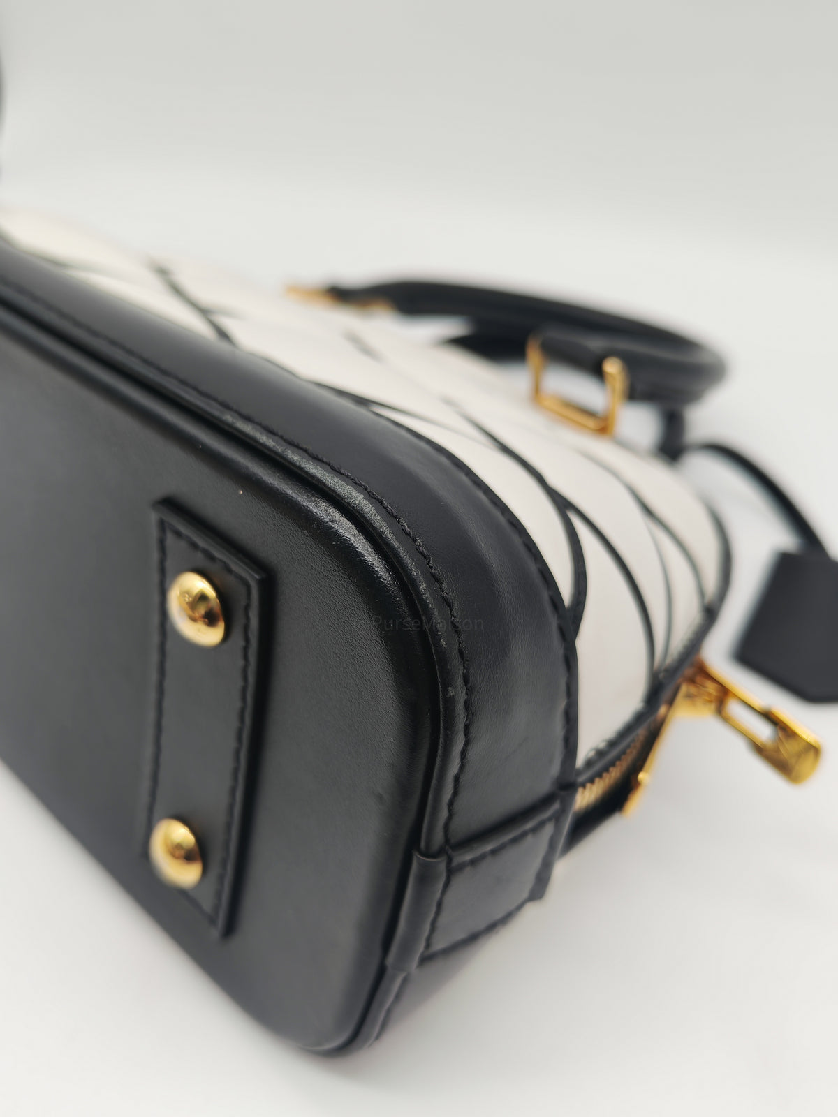 Louis Vuitton Alma BB in Malletage White and Black Lambskin Leather Gold Hardware Microchip