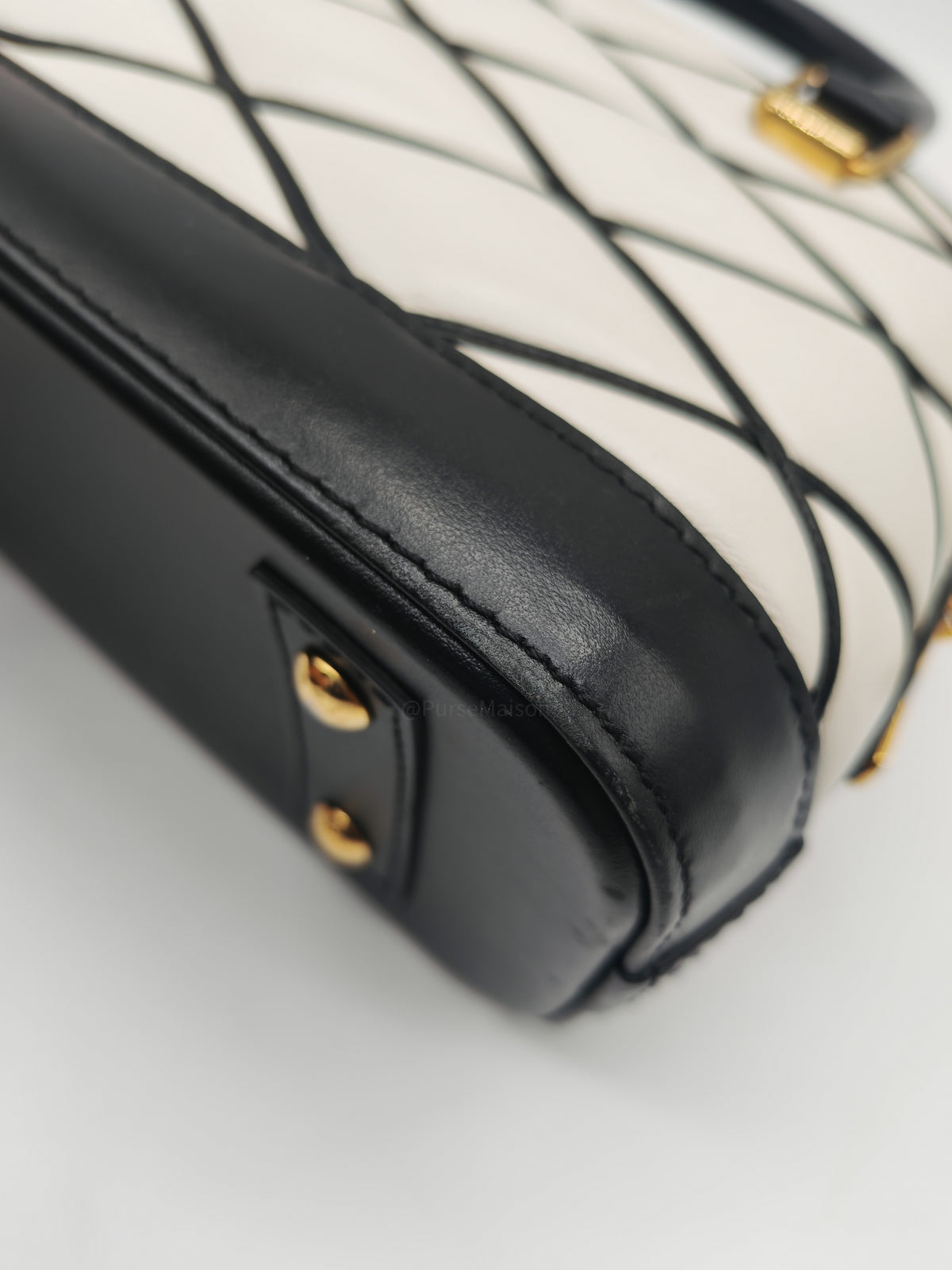Louis Vuitton Alma BB in Malletage White and Black Lambskin Leather Gold Hardware Microchip