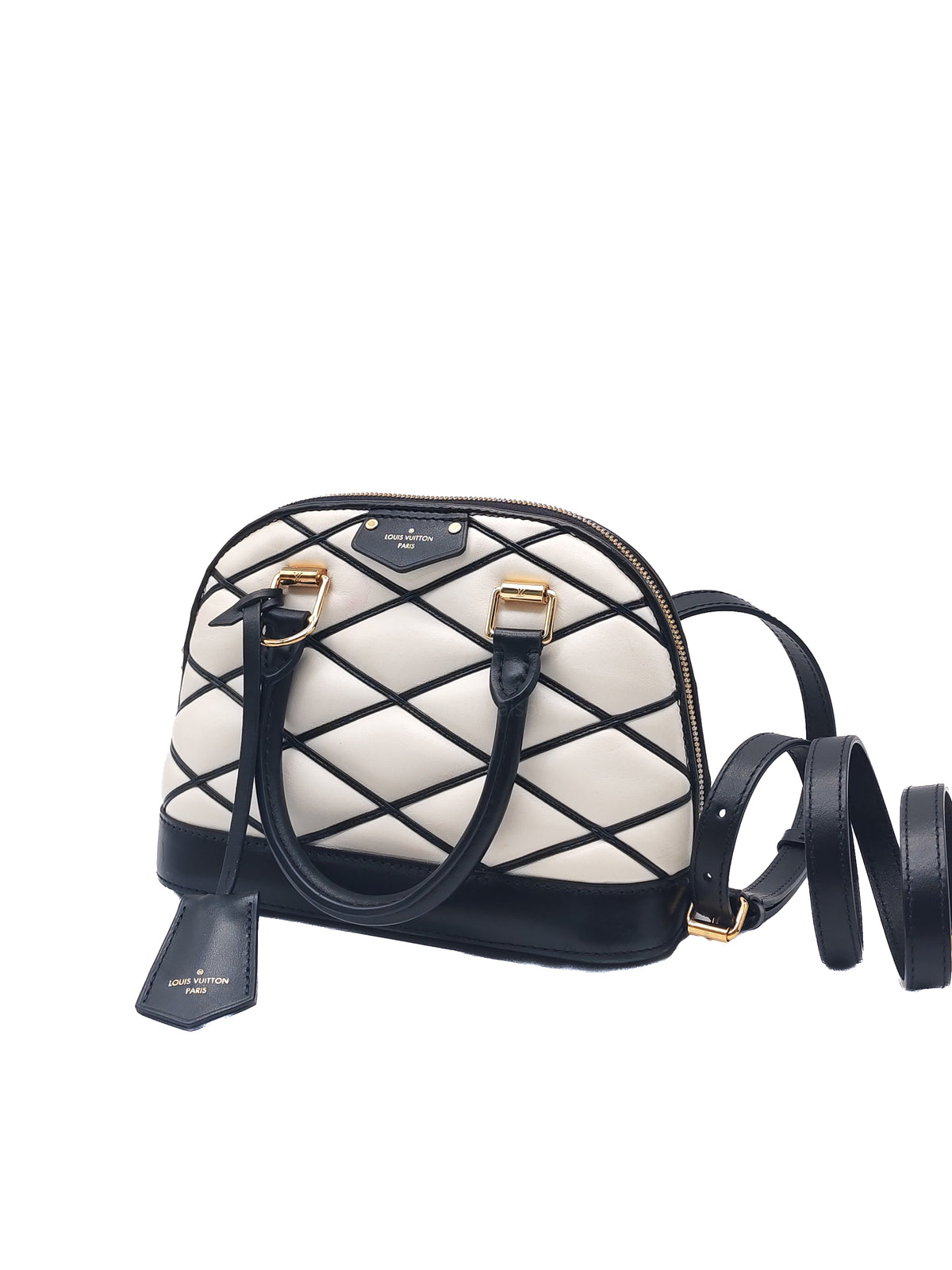 Louis Vuitton Alma BB in Malletage White and Black Lambskin Leather Gold Hardware Microchip