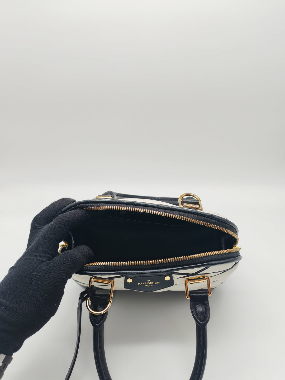 Louis Vuitton Alma BB in Malletage White and Black Lambskin Leather Gold Hardware Microchip