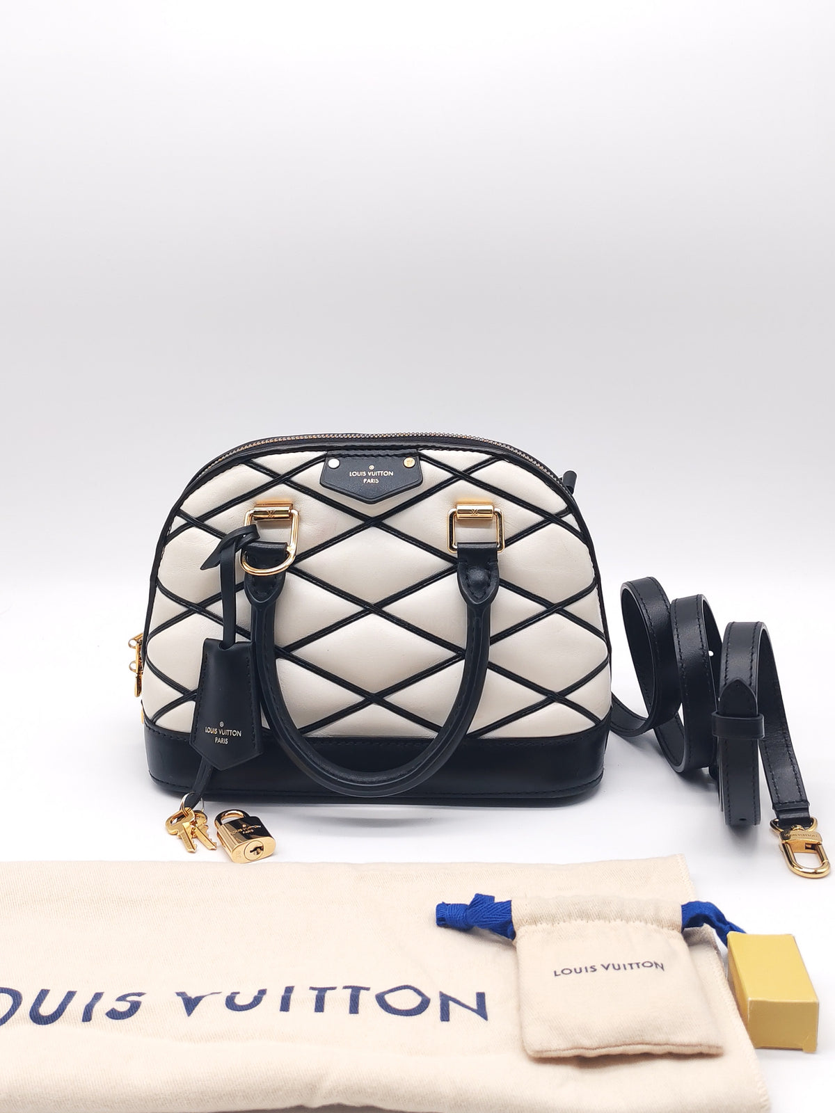 Louis Vuitton Alma BB in Malletage White and Black Lambskin Leather Gold Hardware Microchip