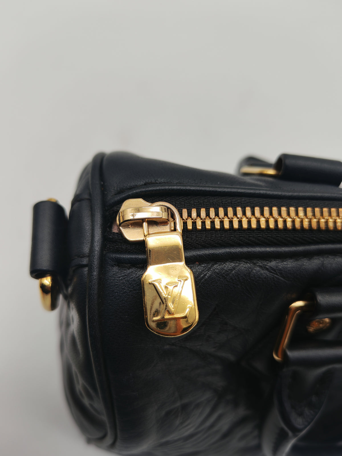 Louis Vuitton Speedy Bandouliere 22 in Black Monogram Empreinte Lambskin Leather and Gold Hardware Microchip