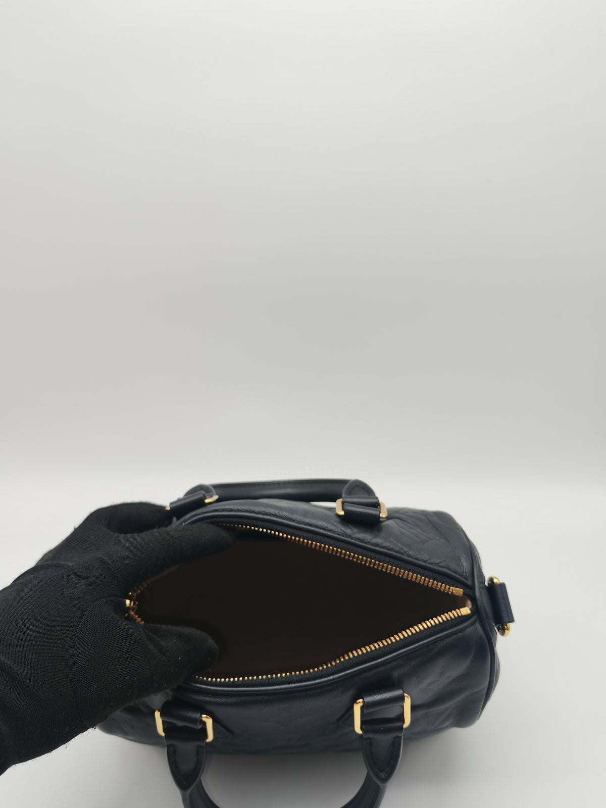 Louis Vuitton Speedy Bandouliere 22 in Black Monogram Empreinte Lambskin Leather and Gold Hardware Microchip