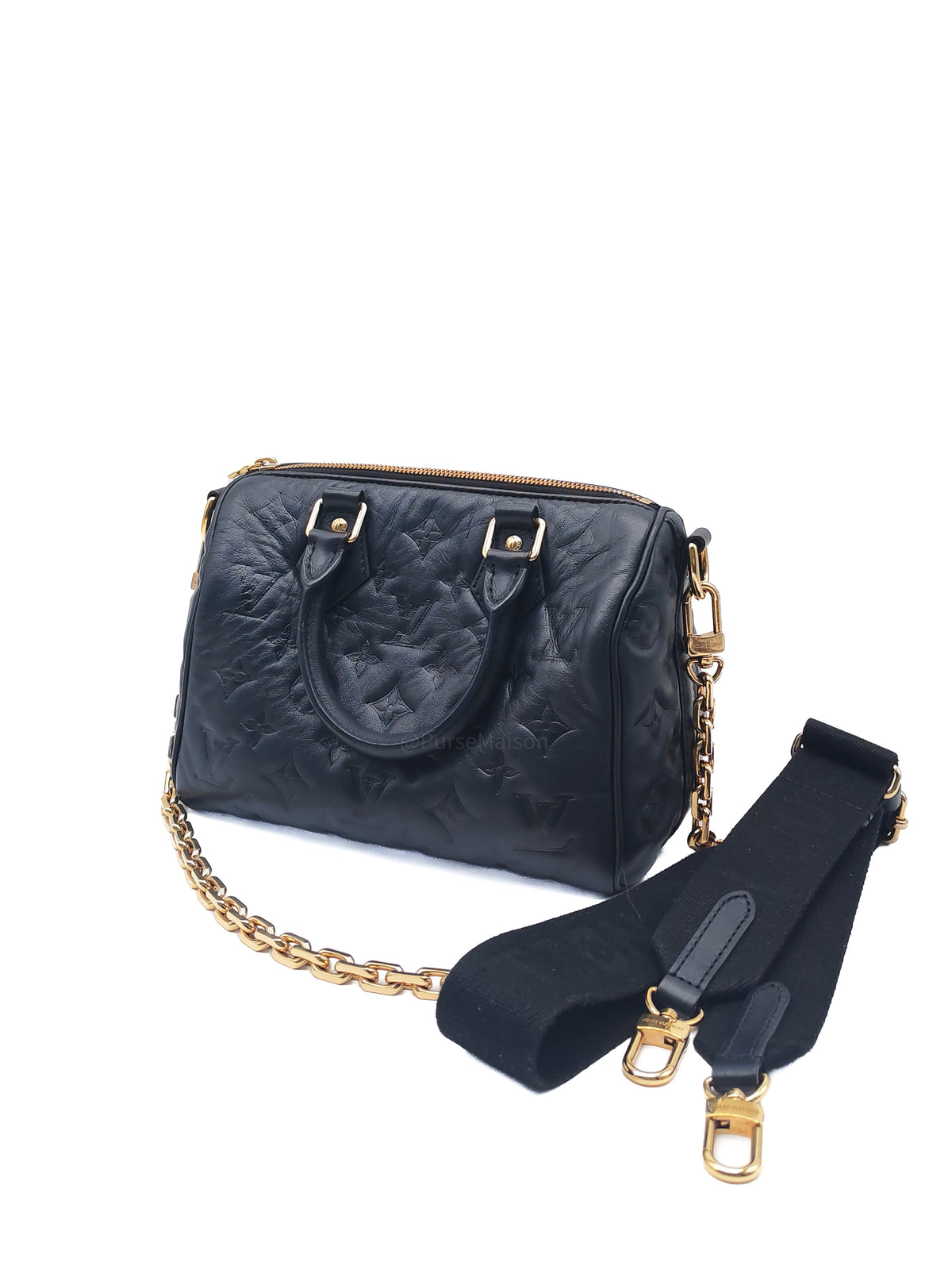 Louis Vuitton Speedy Bandouliere 22 in Black Monogram Empreinte Lambskin Leather and Gold Hardware Microchip