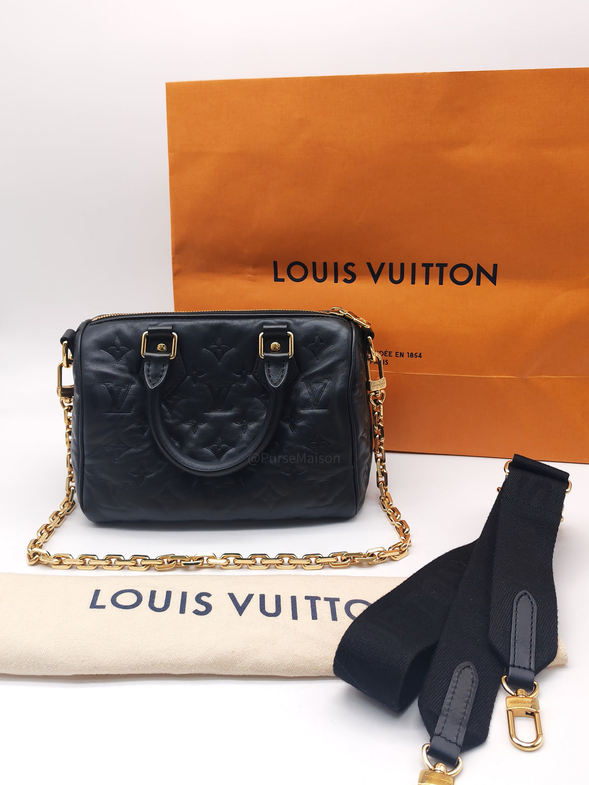 Louis Vuitton Speedy Bandouliere 22 in Black Monogram Empreinte Lambskin Leather and Gold Hardware Microchip