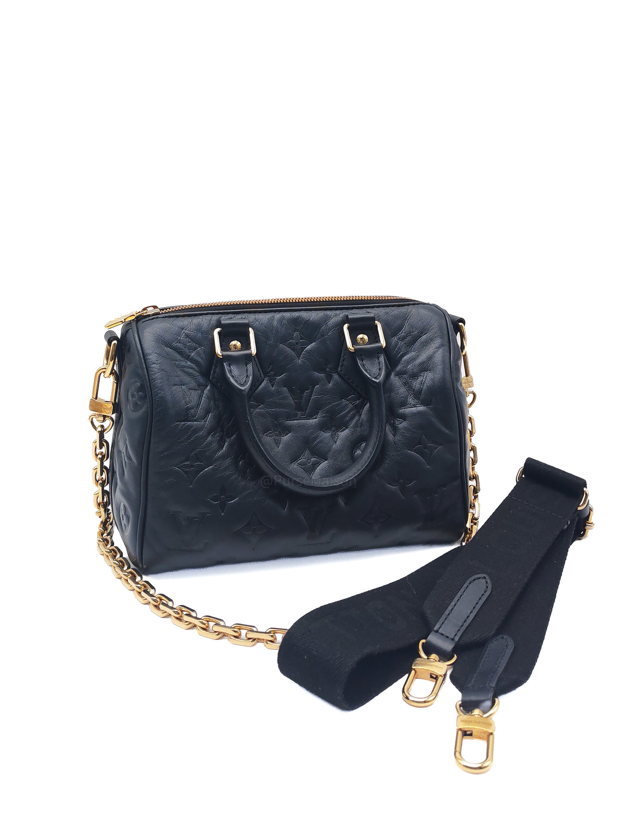 Louis Vuitton Speedy Bandouliere 22 in Black Monogram Empreinte Lambskin Leather and Gold Hardware Microchip
