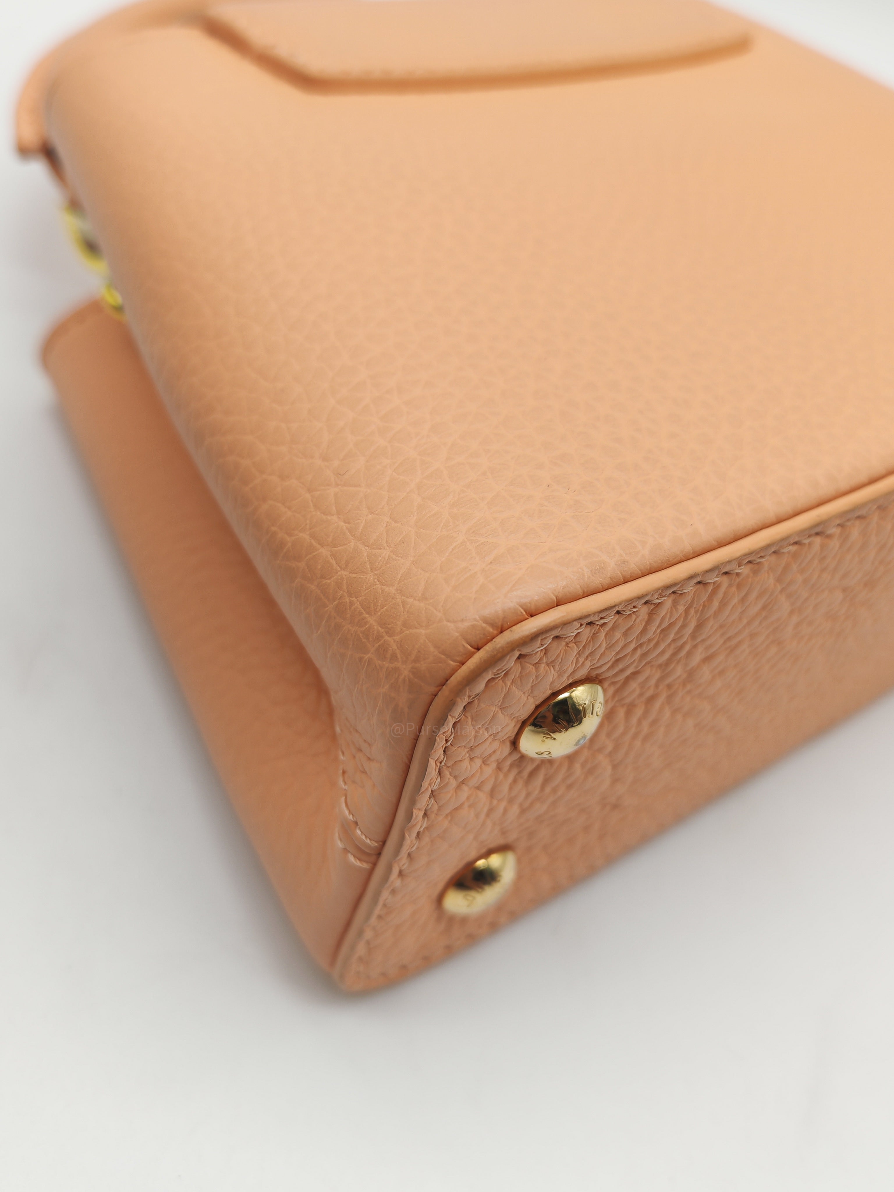 Louis Vuitton Capucines Mini Handbag in Peach Taurillon Leather and Iridescent Rainbow Hardware Microchip