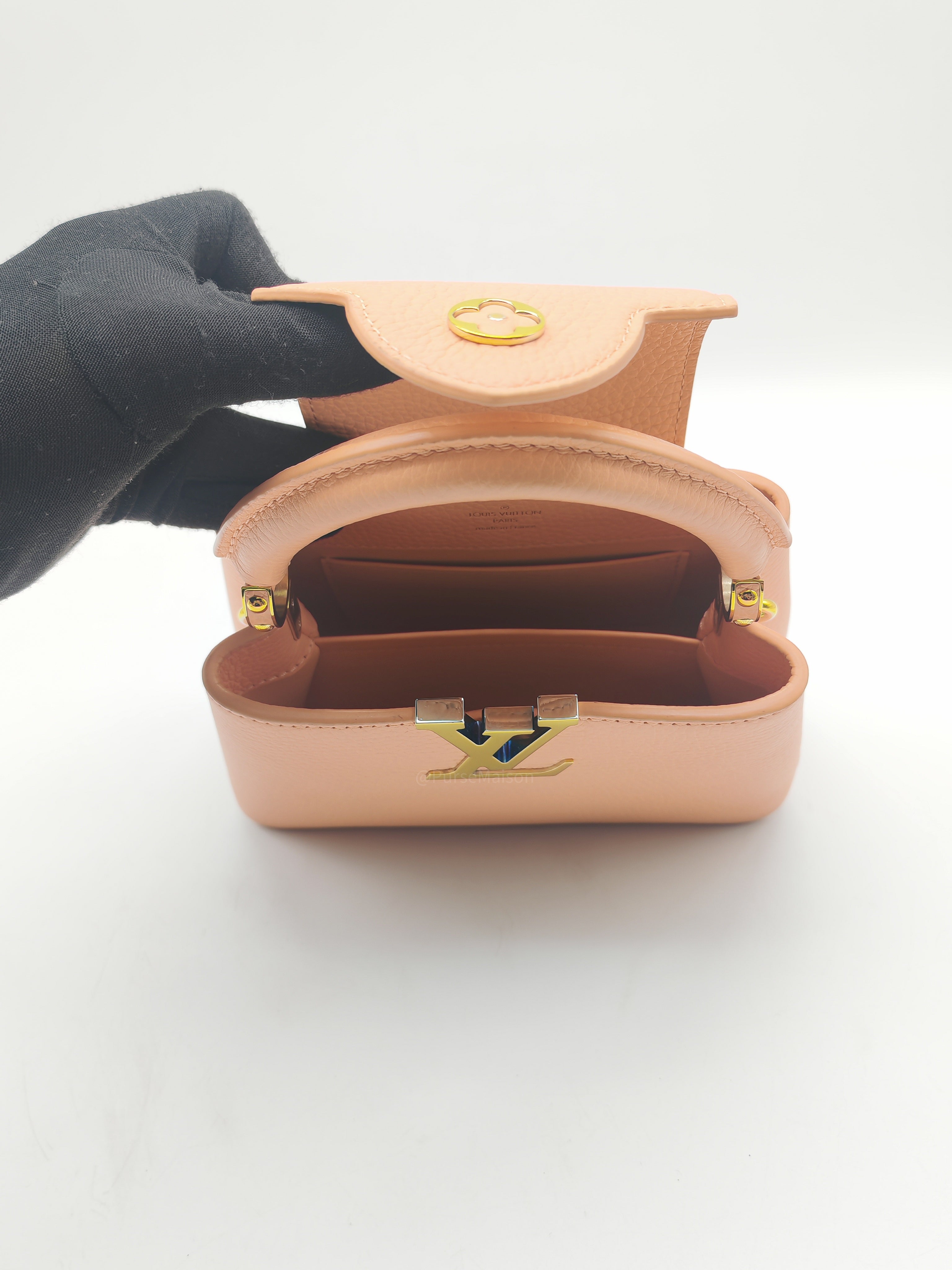 Louis Vuitton Capucines Mini Handbag in Peach Taurillon Leather and Iridescent Rainbow Hardware Microchip