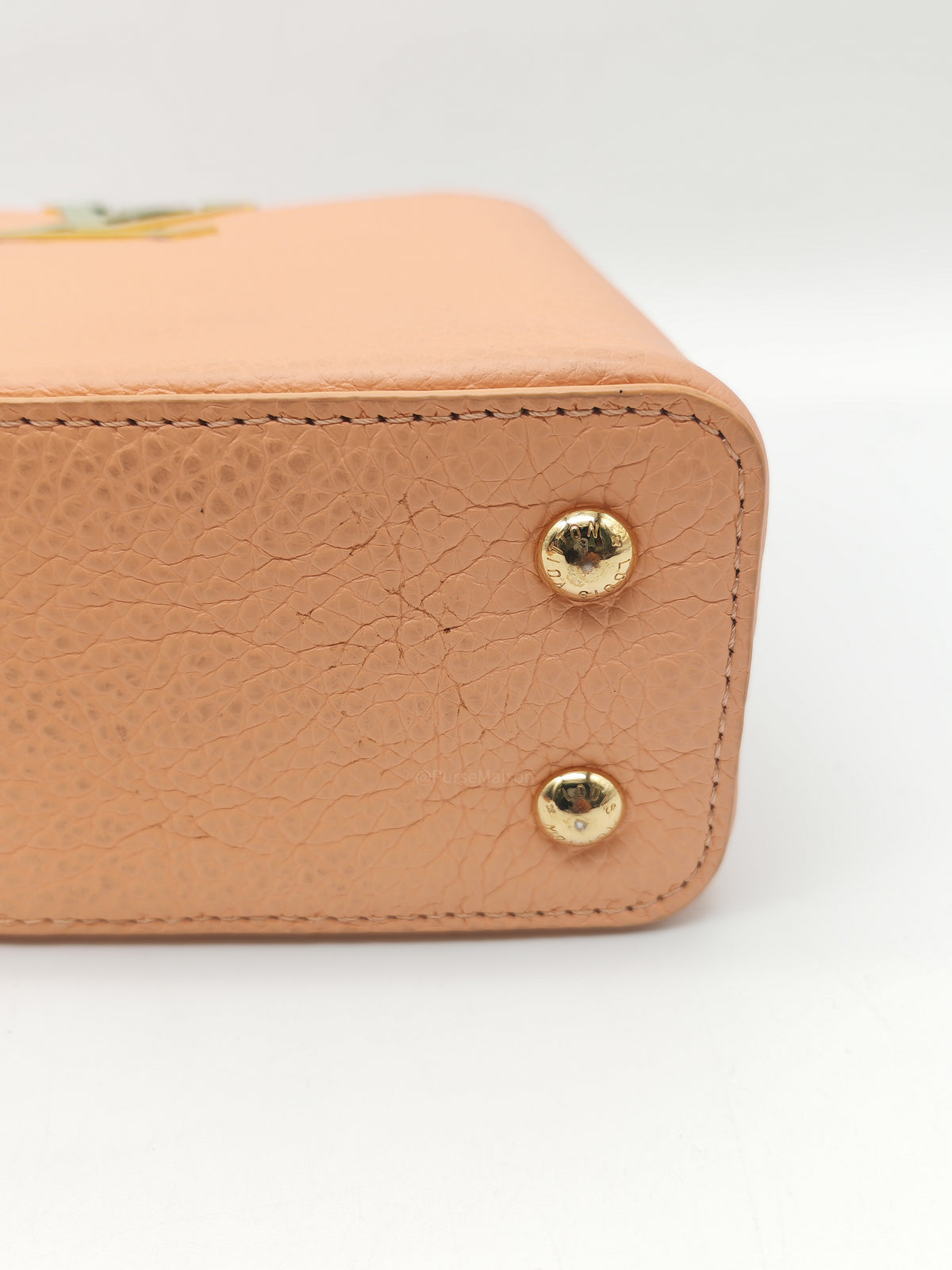 Louis Vuitton Capucines Mini Handbag in Peach Taurillon Leather and Iridescent Rainbow Hardware Microchip