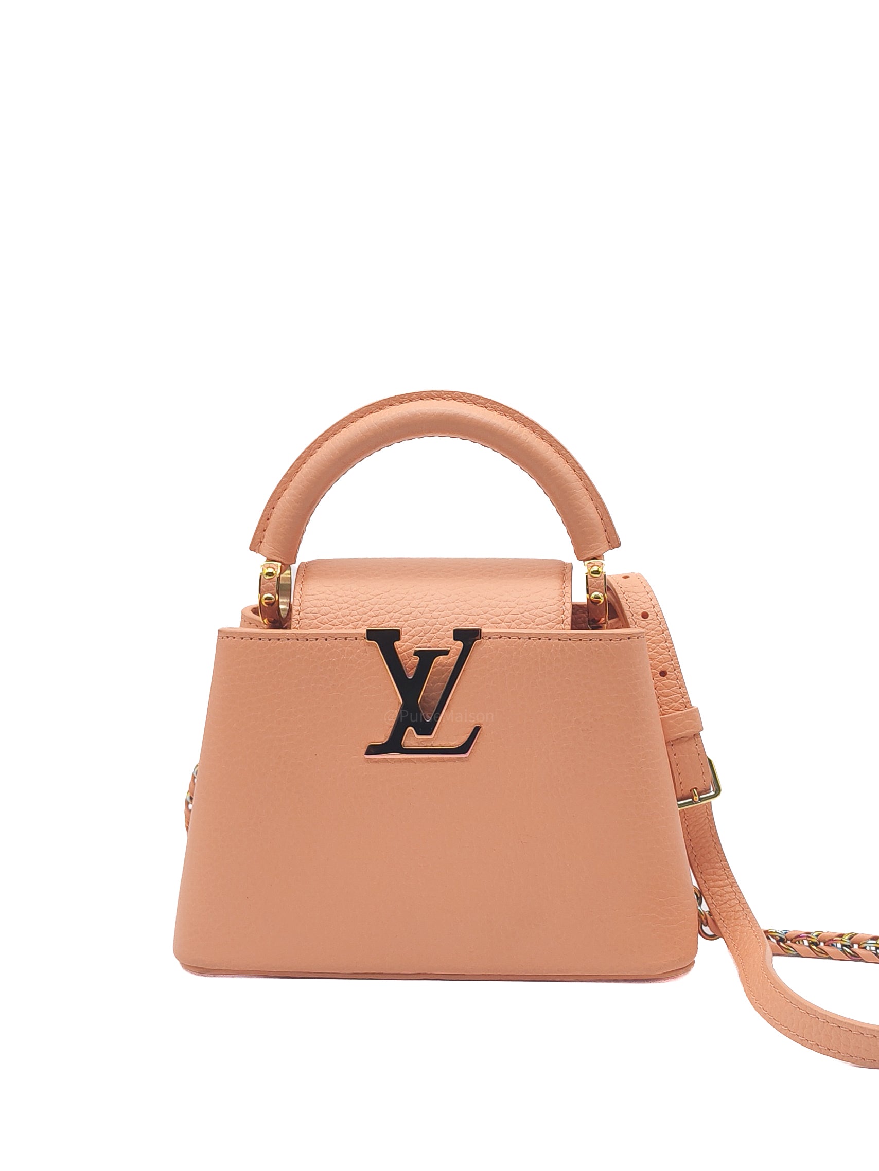 Louis Vuitton Capucines Mini Handbag in Peach Taurillon Leather and Iridescent Rainbow Hardware Microchip