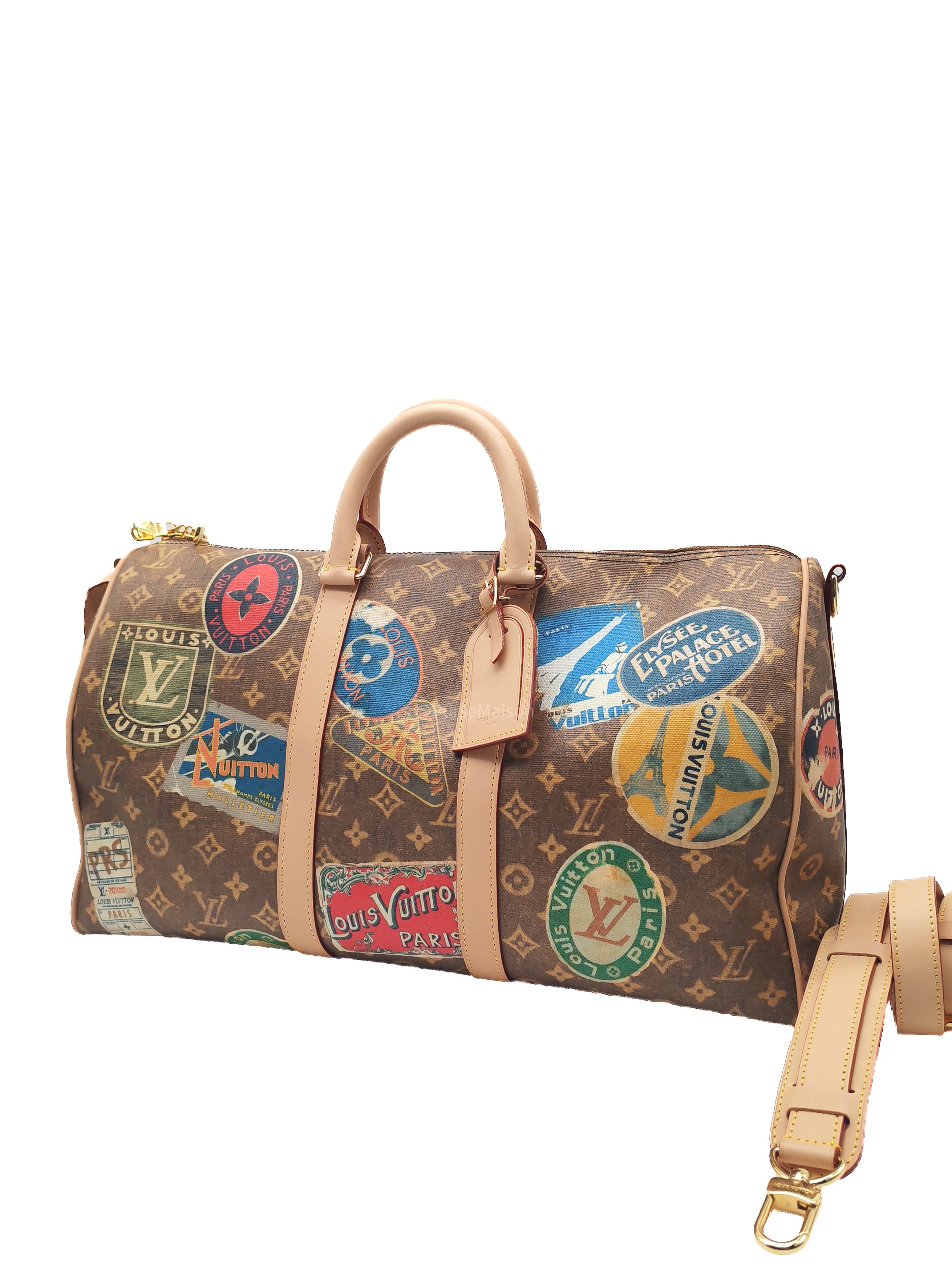 Louis Vuitton Keepall Bandouliere Flight Mode Collection in Monogram Canvas Cowhide Leather and Gold Hardware Microchip