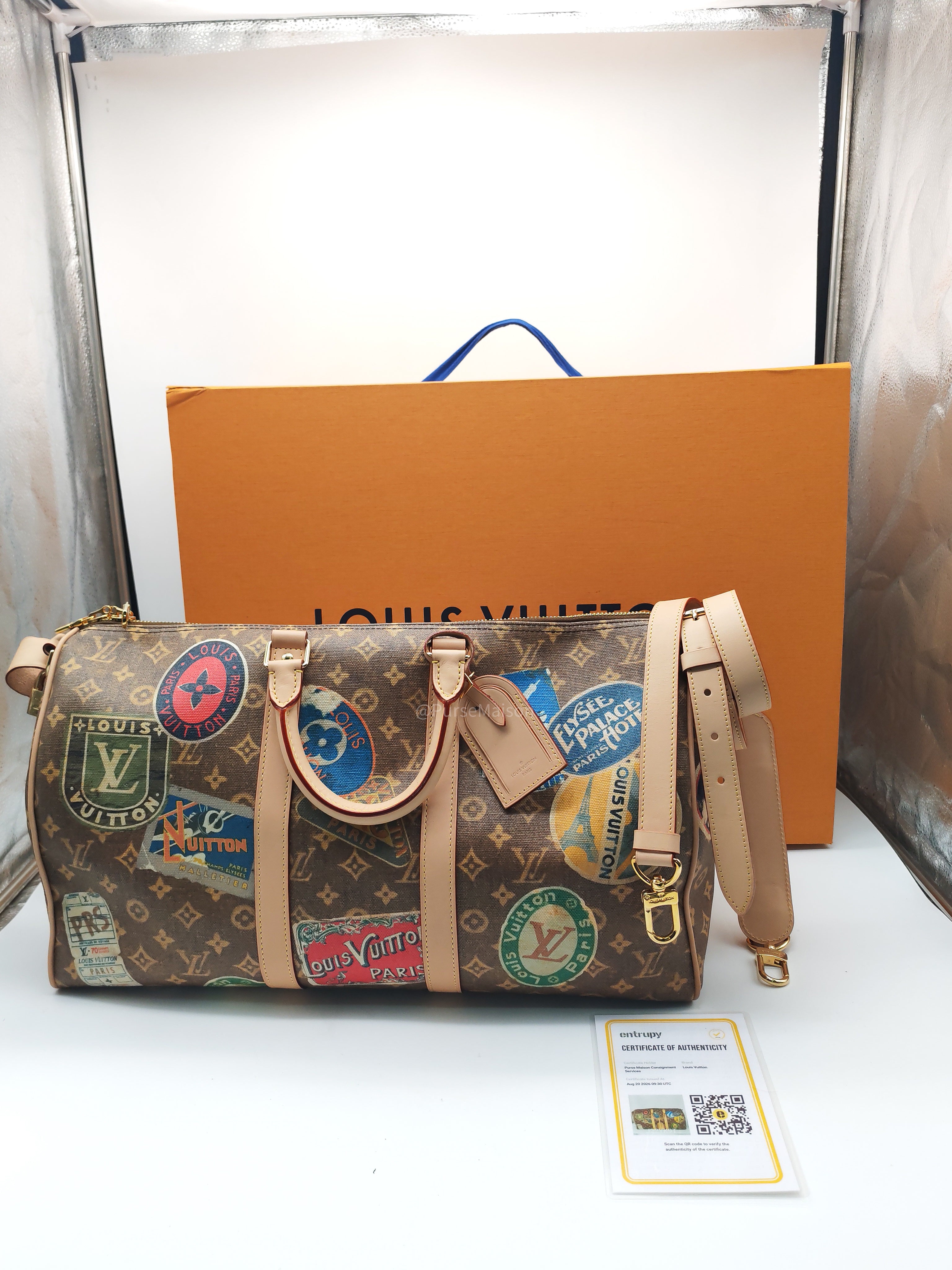 Louis Vuitton Keepall Bandouliere Flight Mode Collection in Monogram Canvas Cowhide Leather and Gold Hardware Microchip