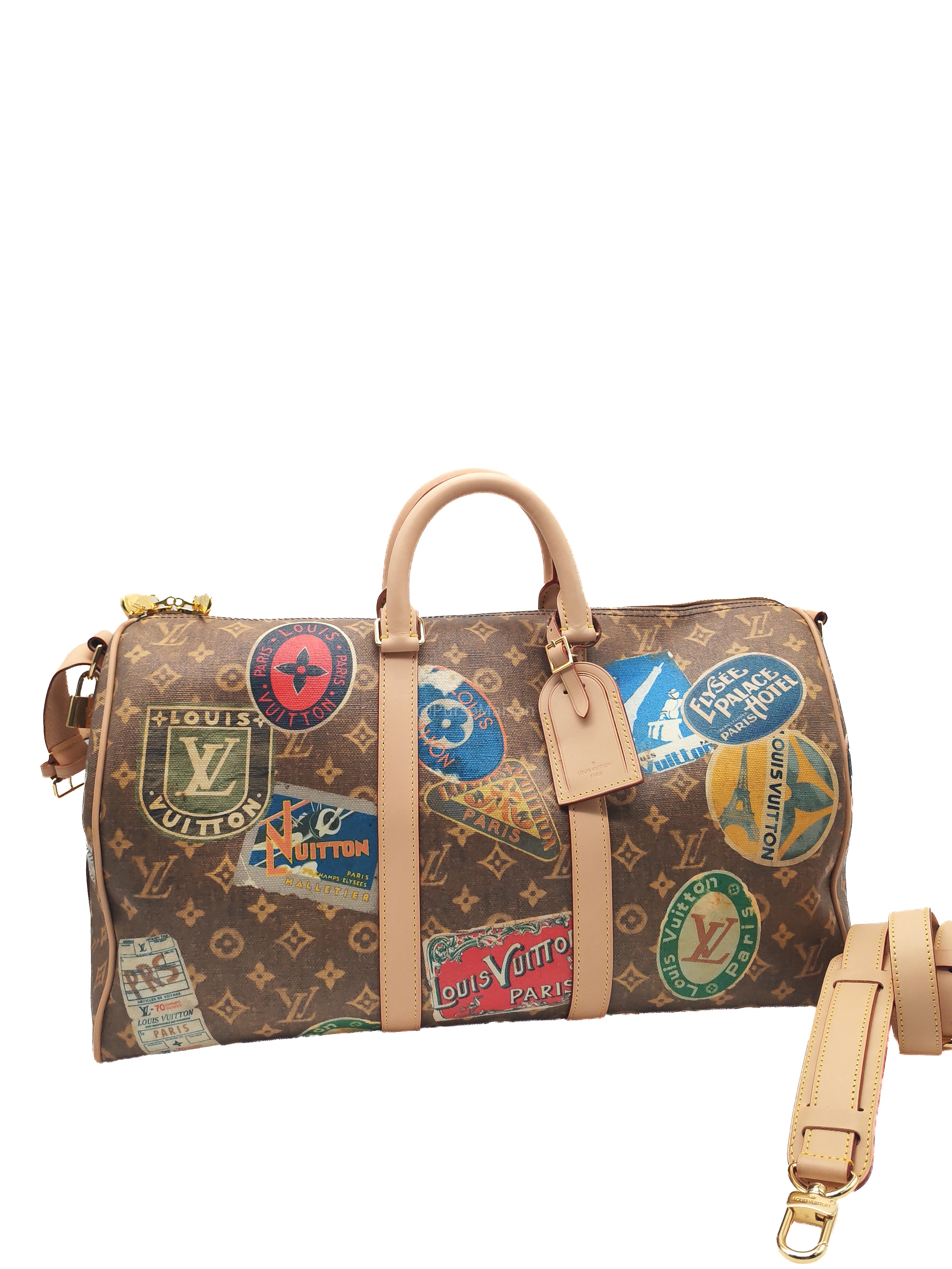 Louis Vuitton Keepall Bandouliere Flight Mode Collection in Monogram Canvas Cowhide Leather and Gold Hardware Microchip