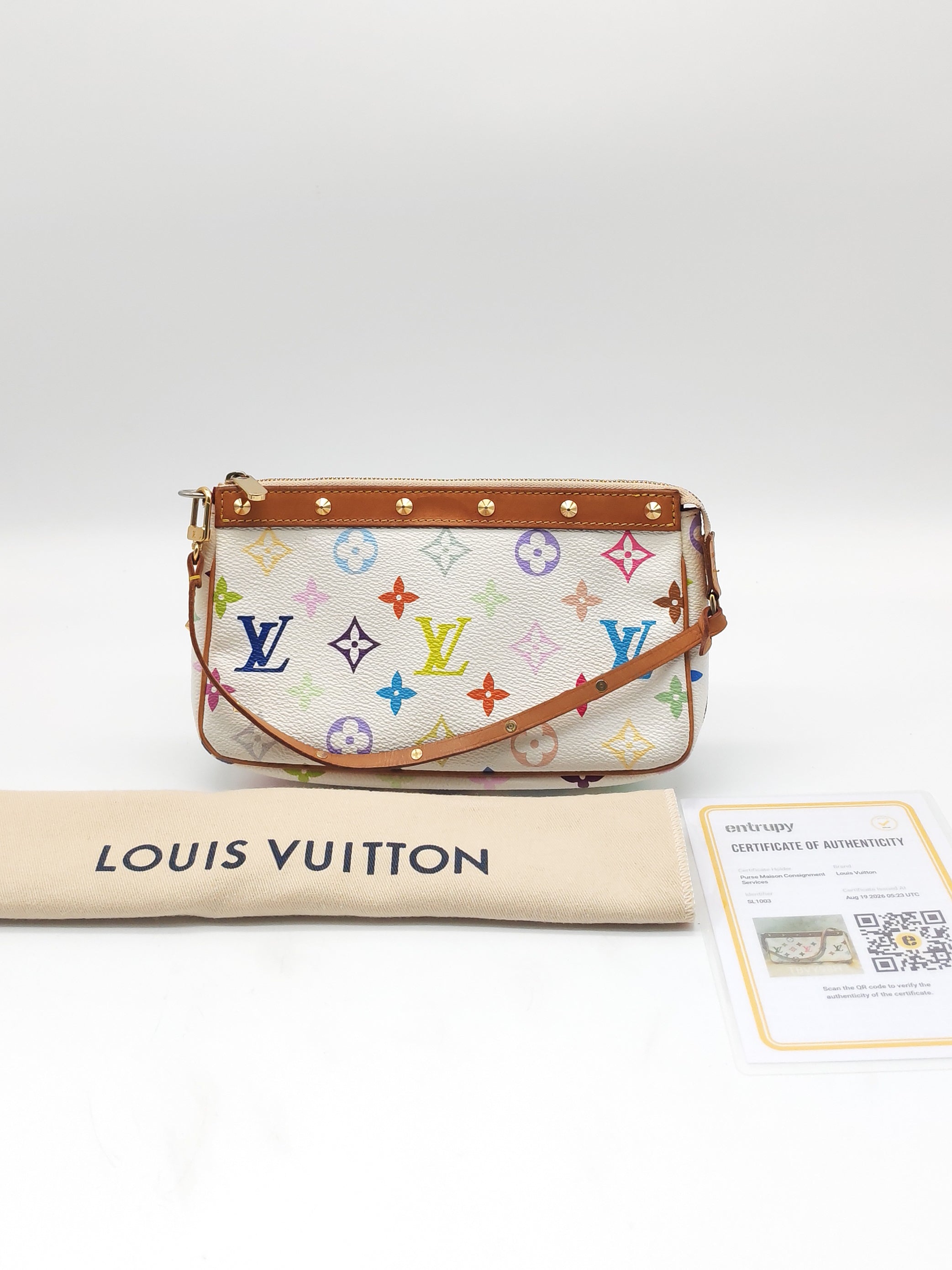 Louis Vuitton x Takashi Murakami Pochette Accessories in Vibrant Multicolored Monogram Canvas and Gold Hardware (Datecode: SL1003)