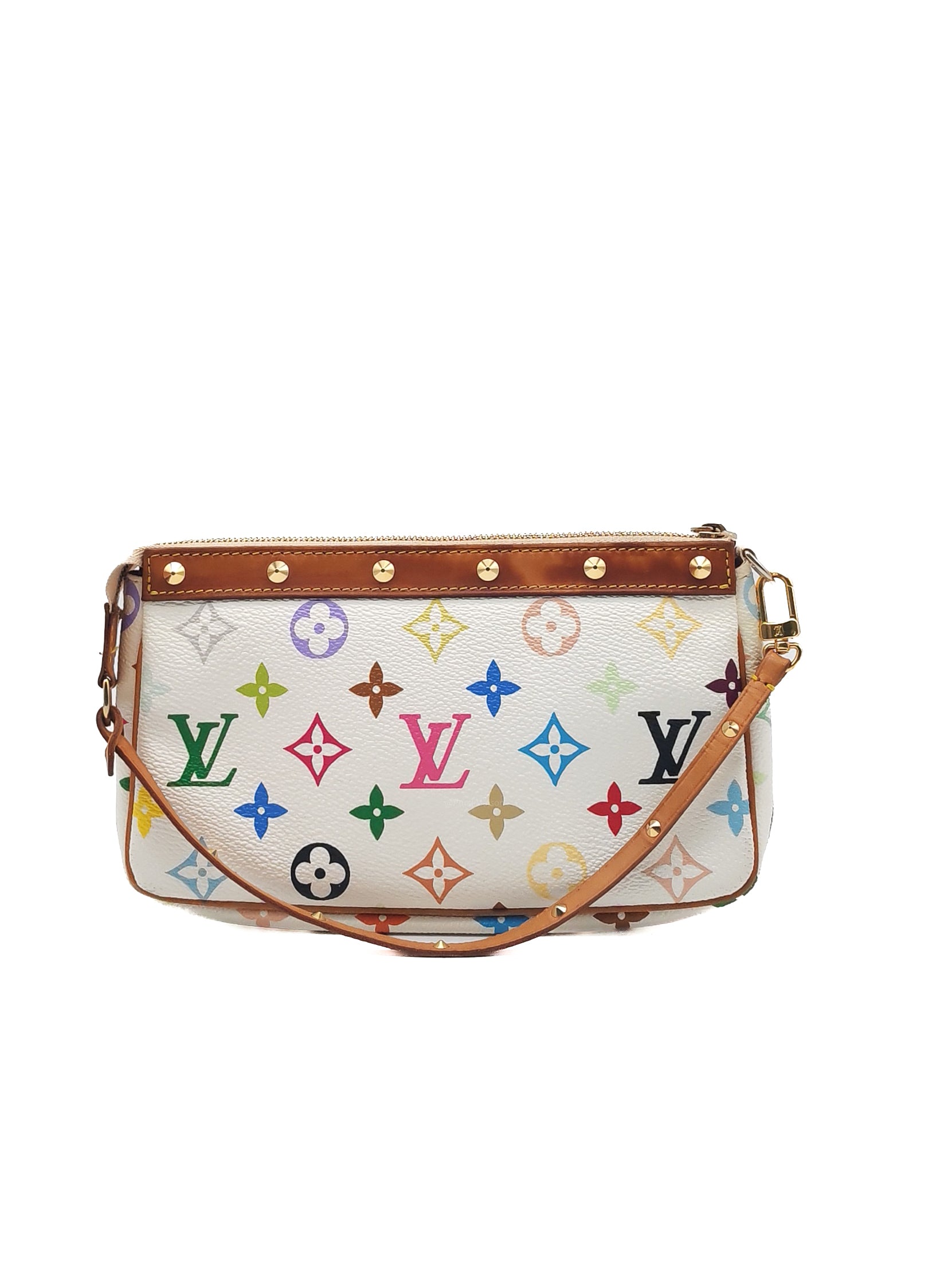 Louis Vuitton x Takashi Murakami Pochette Accessories in Vibrant Multicolored Monogram Canvas and Gold Hardware (Datecode: SL1003)
