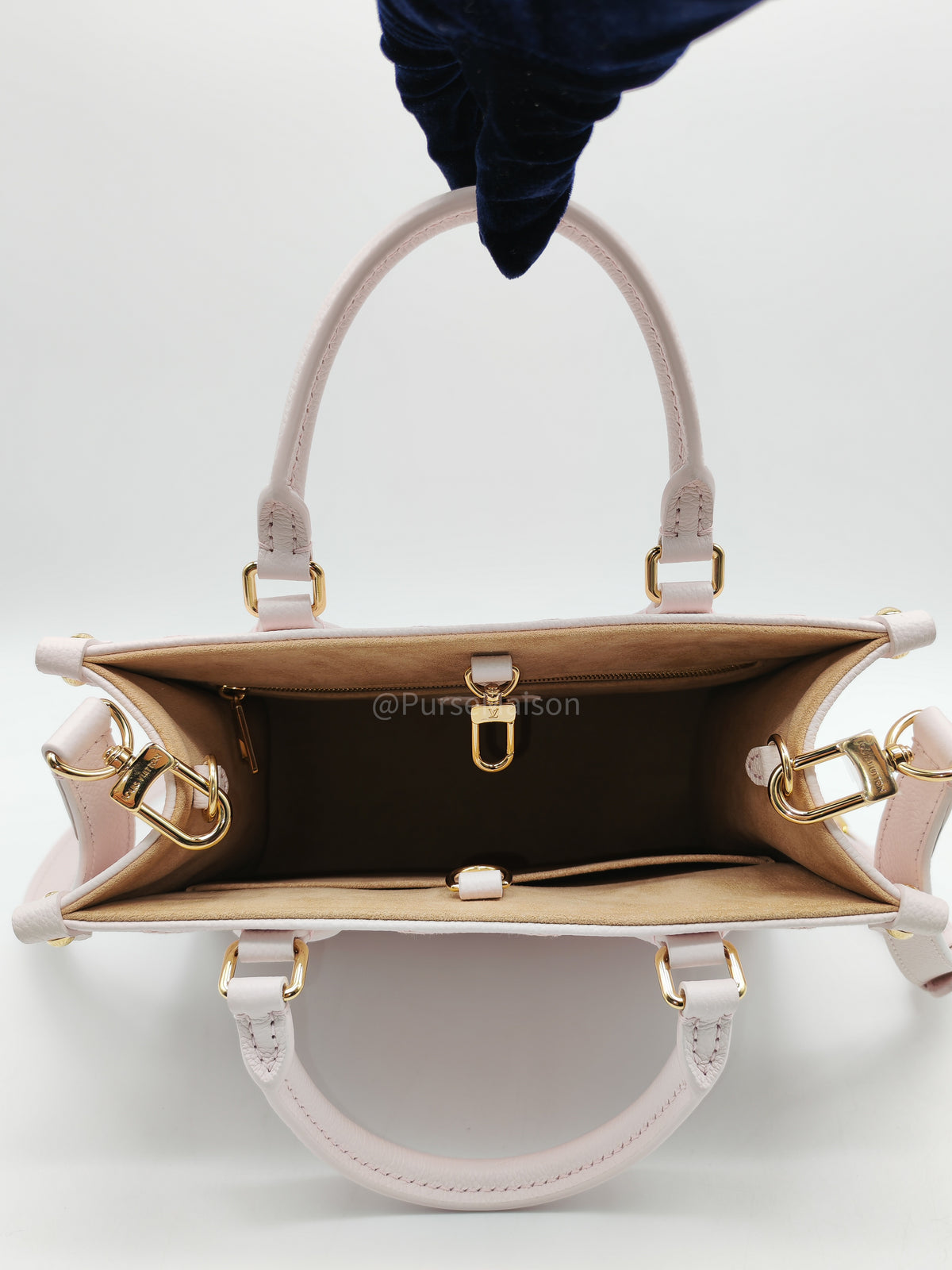 Louis Vuitton OnTheGo PM in Pale Pink Monogram Empreinte Couture Cowhide Leather and Gold Hardware Microchip