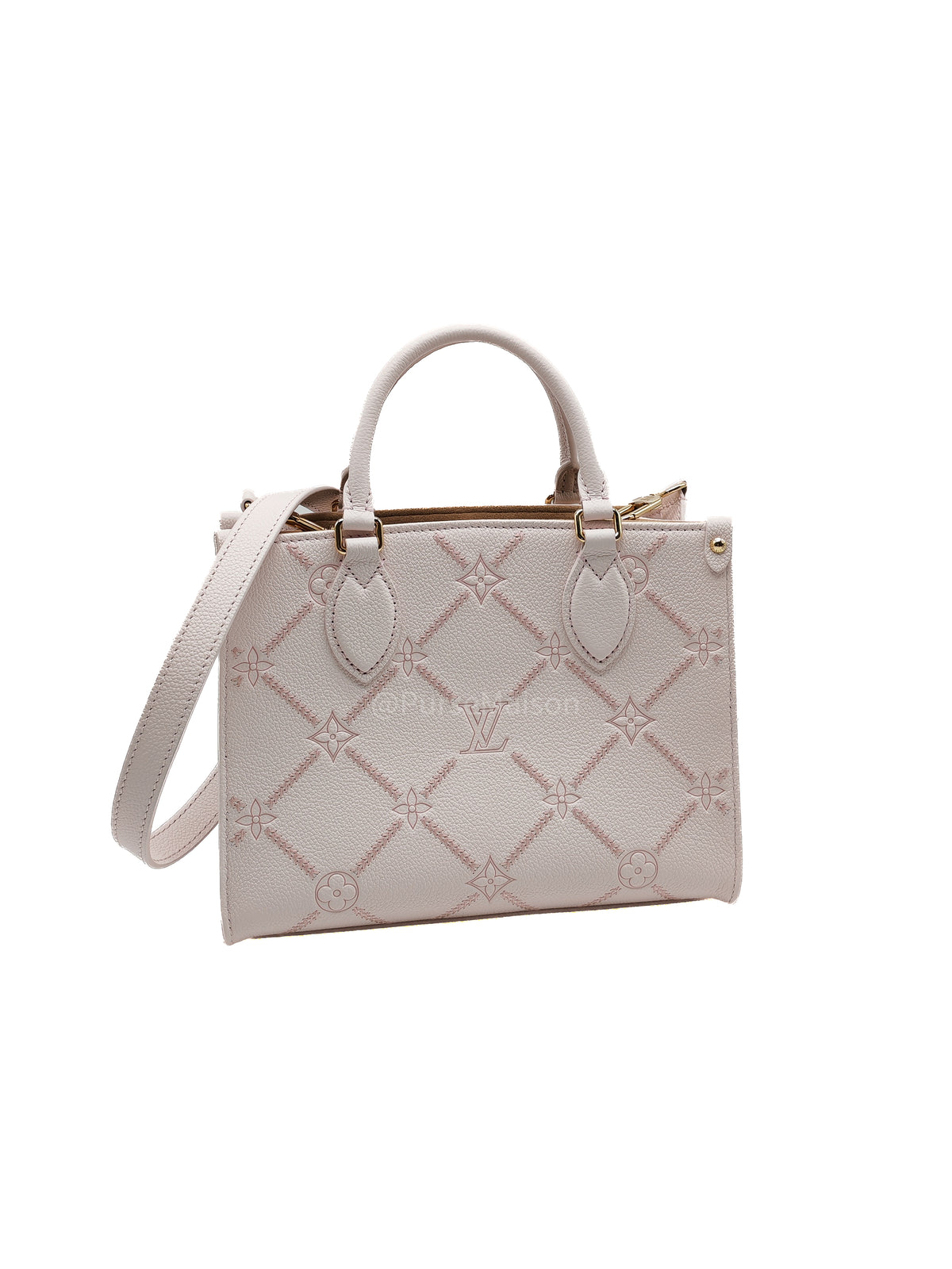 Louis Vuitton OnTheGo PM in Pale Pink Monogram Empreinte Couture Cowhide Leather and Gold Hardware Microchip