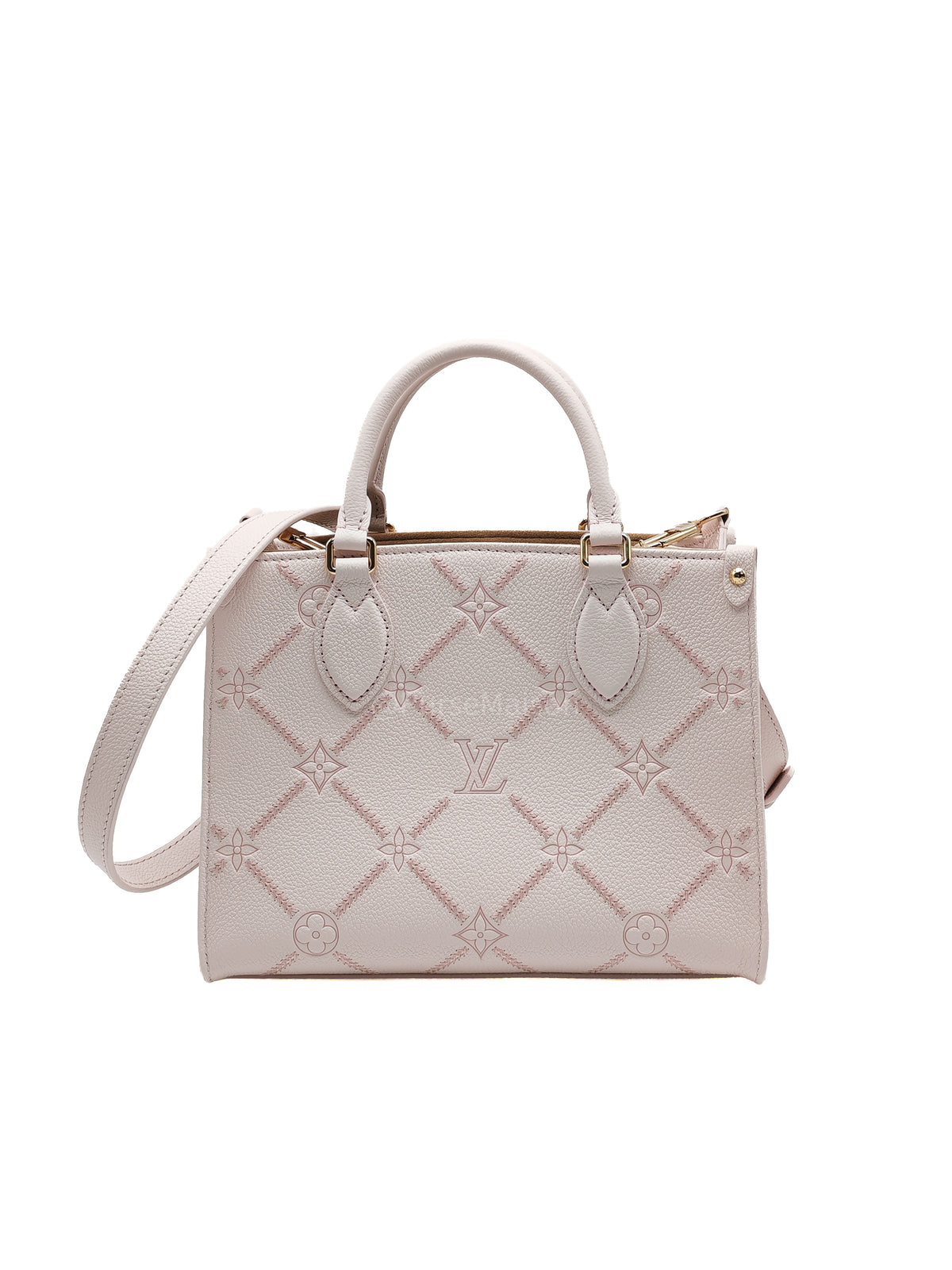 Louis Vuitton OnTheGo PM in Pale Pink Monogram Empreinte Couture Cowhide Leather and Gold Hardware Microchip
