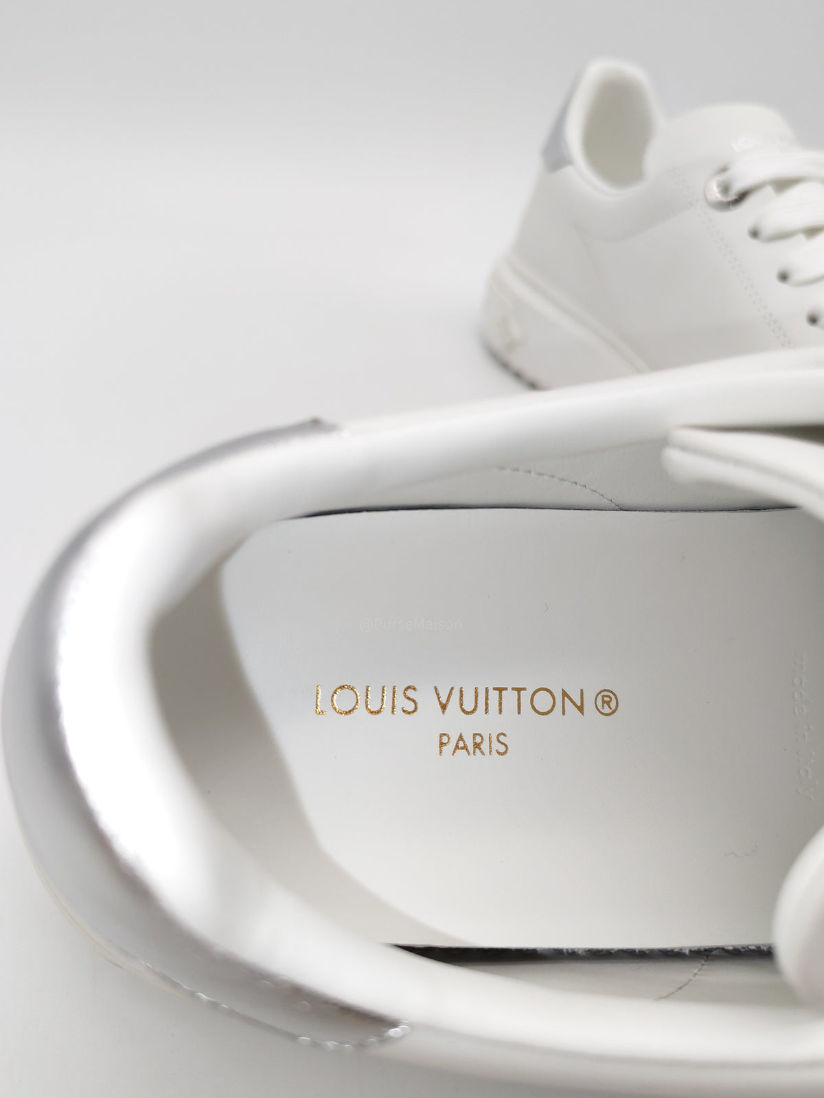 Louis Vuitton Time Out Sneaker in White with Silver Rhinestone Logo Size 38 EU (25.5 cm)