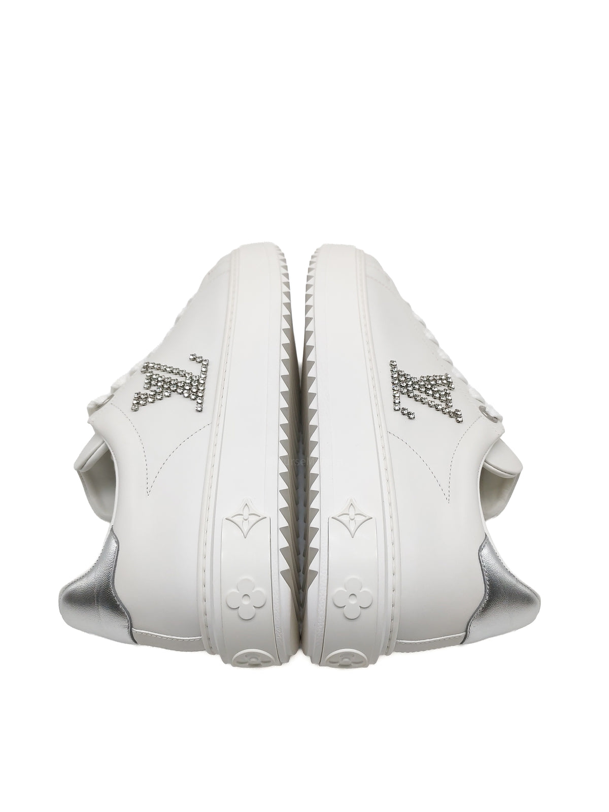 Louis Vuitton Time Out Sneaker in White with Silver Rhinestone Logo Size 38 EU (25.5 cm)