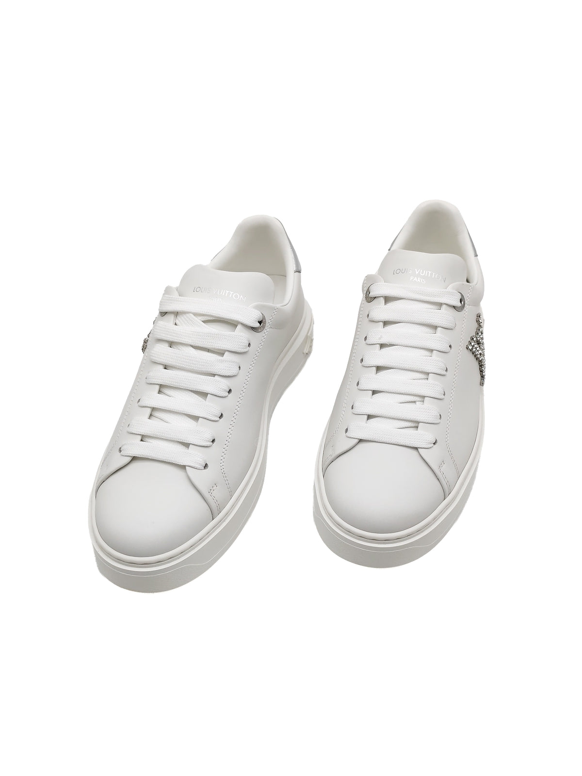 Louis Vuitton Time Out Sneaker in White with Silver Rhinestone Logo Size 38 EU (25.5 cm)