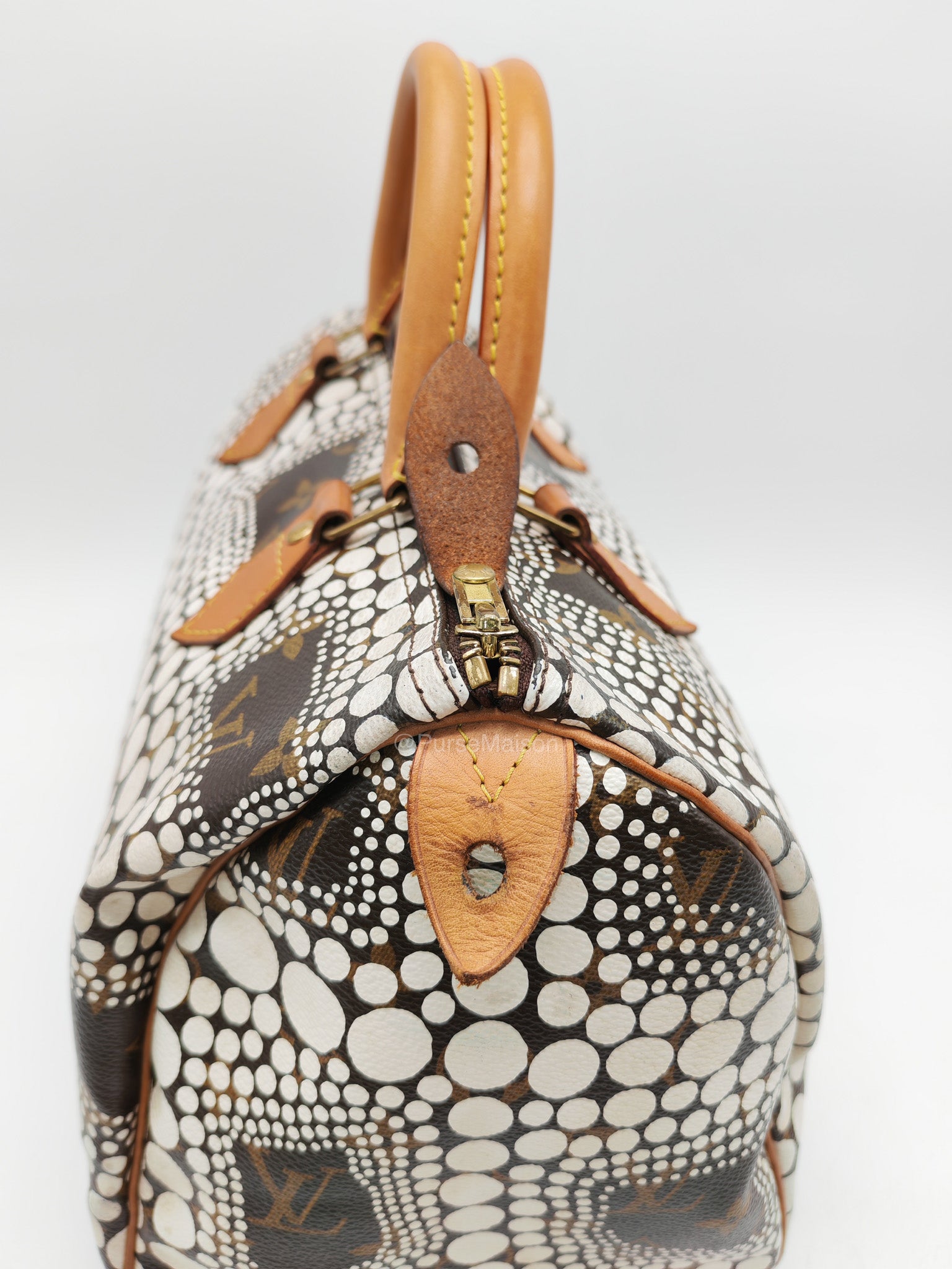 Louis Vuitton X Yayoi Kusama Speedy 30 in White Polka Dot Overlay Monogram Canvas (Datecode: DU4102)