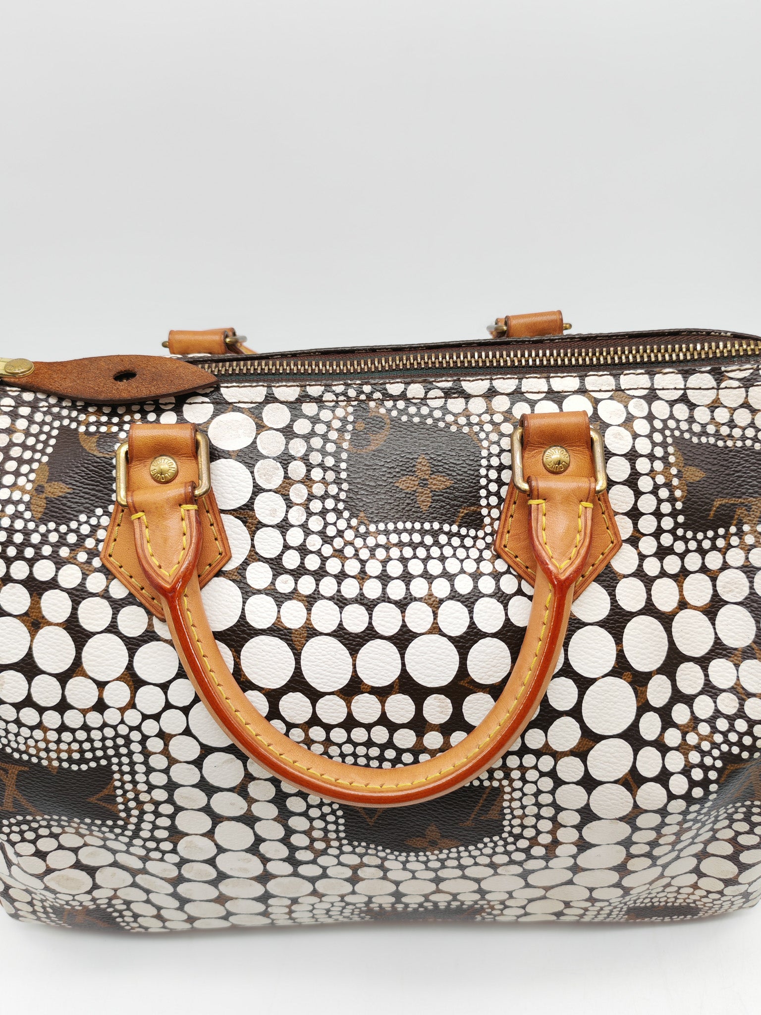 Louis Vuitton X Yayoi Kusama Speedy 30 in White Polka Dot Overlay Monogram Canvas (Datecode: DU4102)