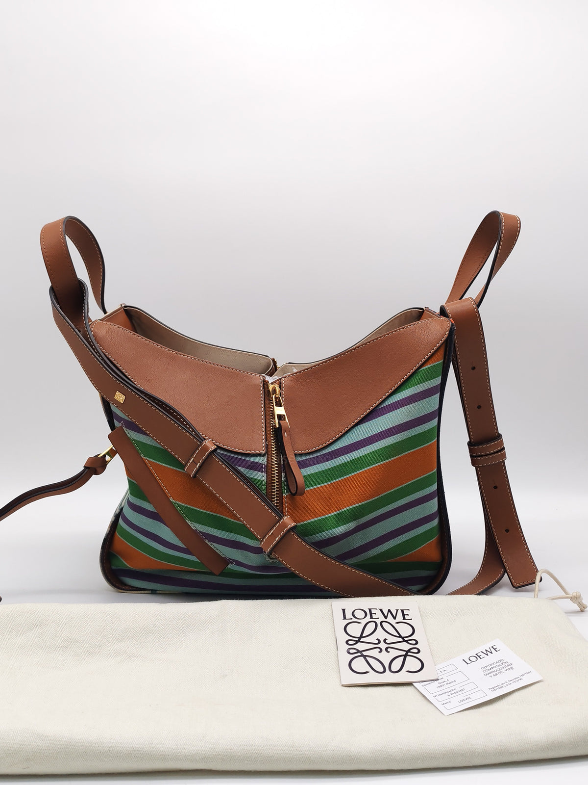 Loewe Hammock Bag Small in Striped Canvas Calfskin Leather and Gold Hardware