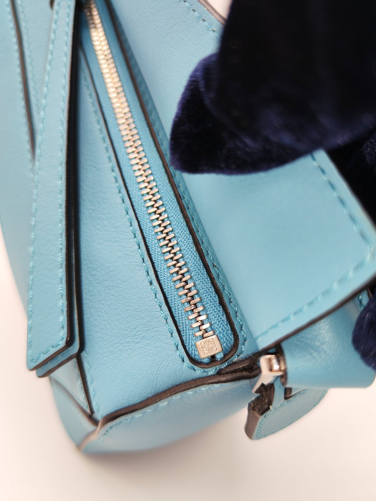 Loewe Mini Puzzle Bag in Light Blue Calfskin Leather and Silver Hardware