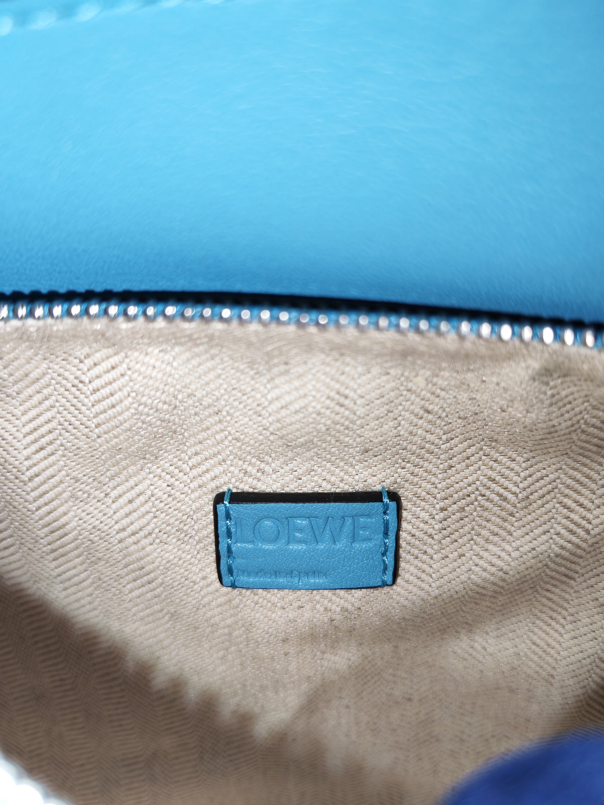 Loewe Mini Puzzle Bag in Light Blue Calfskin Leather and Silver Hardware