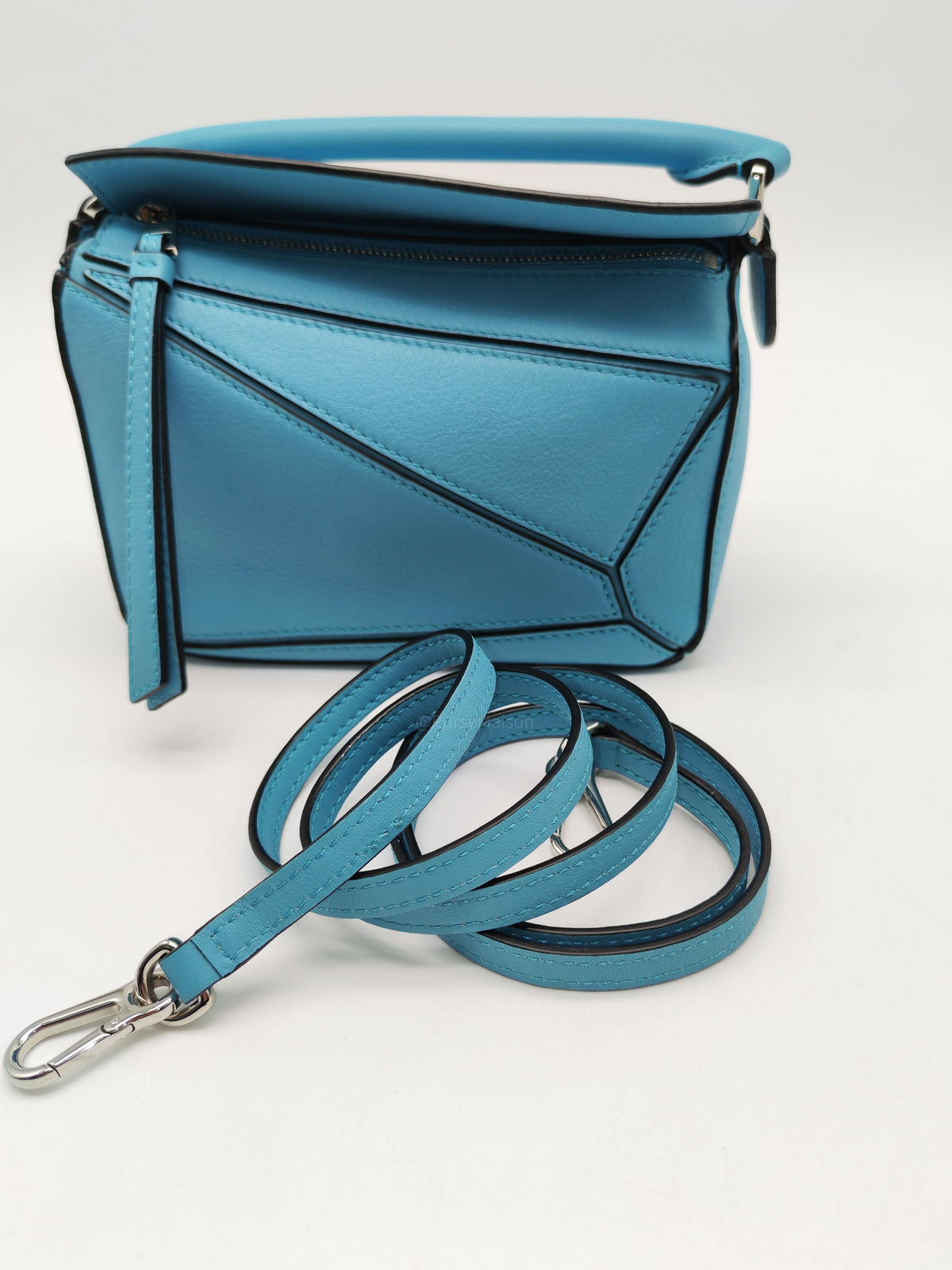 Loewe Mini Puzzle Bag in Light Blue Calfskin Leather and Silver Hardware