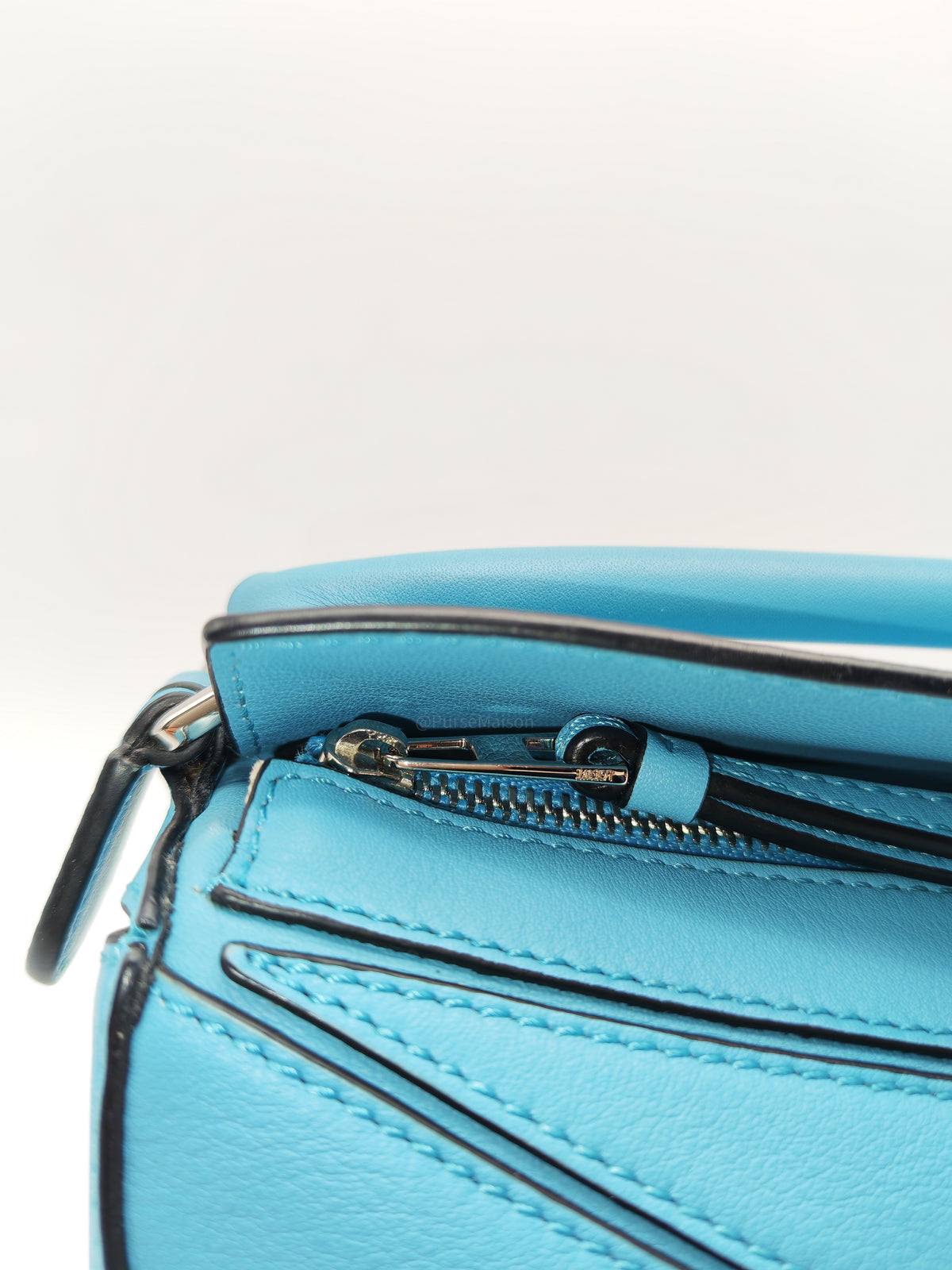 Loewe Mini Puzzle Bag in Light Blue Calfskin Leather and Silver Hardware