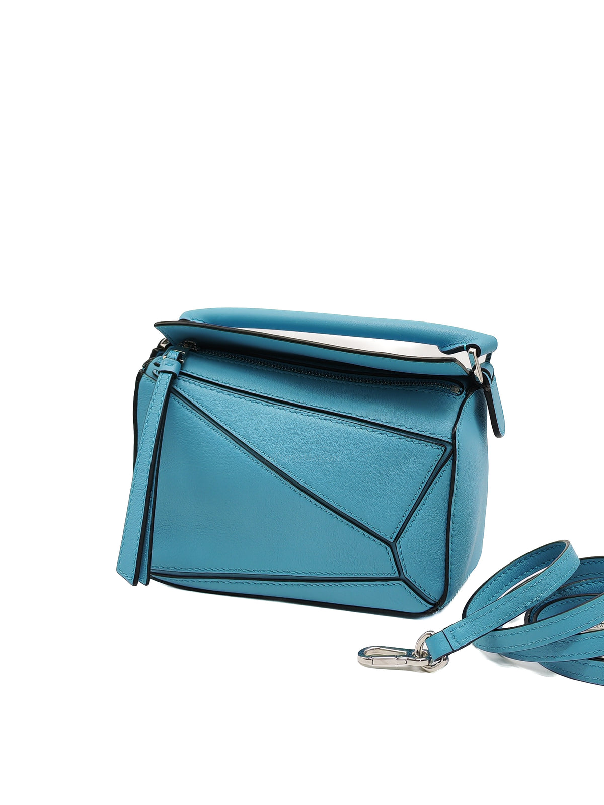 Loewe Mini Puzzle Bag in Light Blue Calfskin Leather and Silver Hardware
