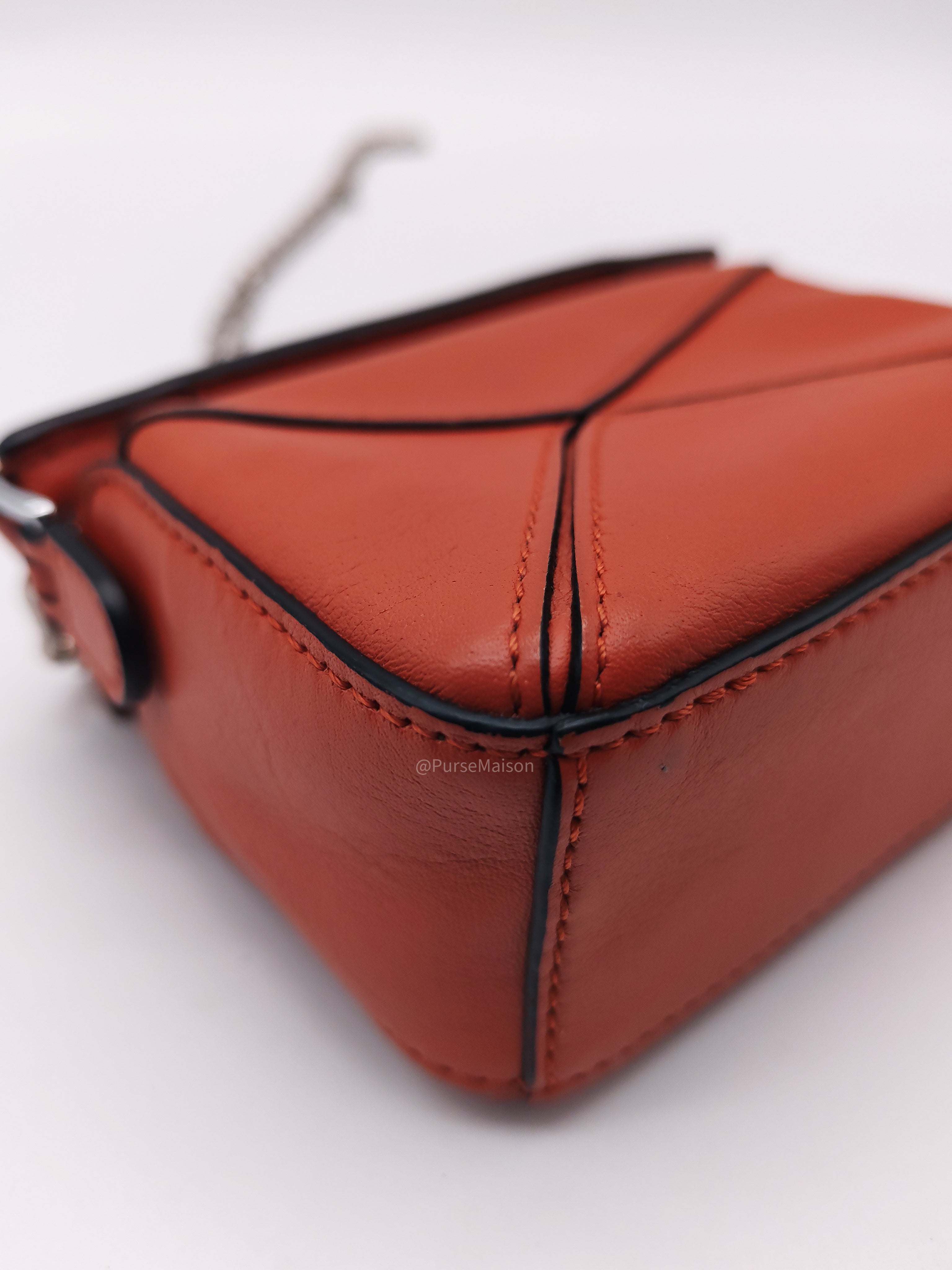 Loewe Puzzle Nano Bag in Red Orange Calfskin Leather Silver Hardware