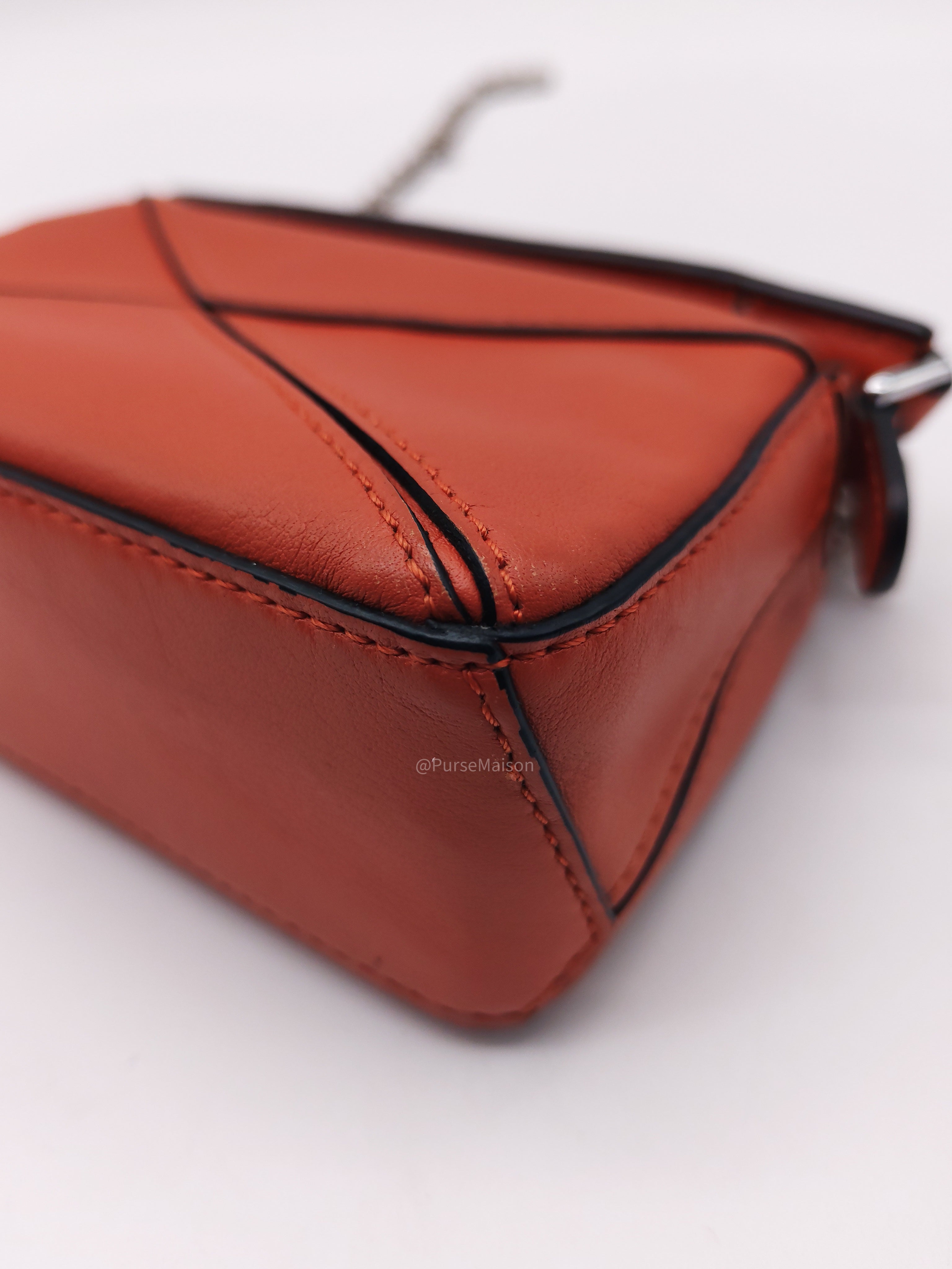 Loewe Puzzle Nano Bag in Red Orange Calfskin Leather Silver Hardware