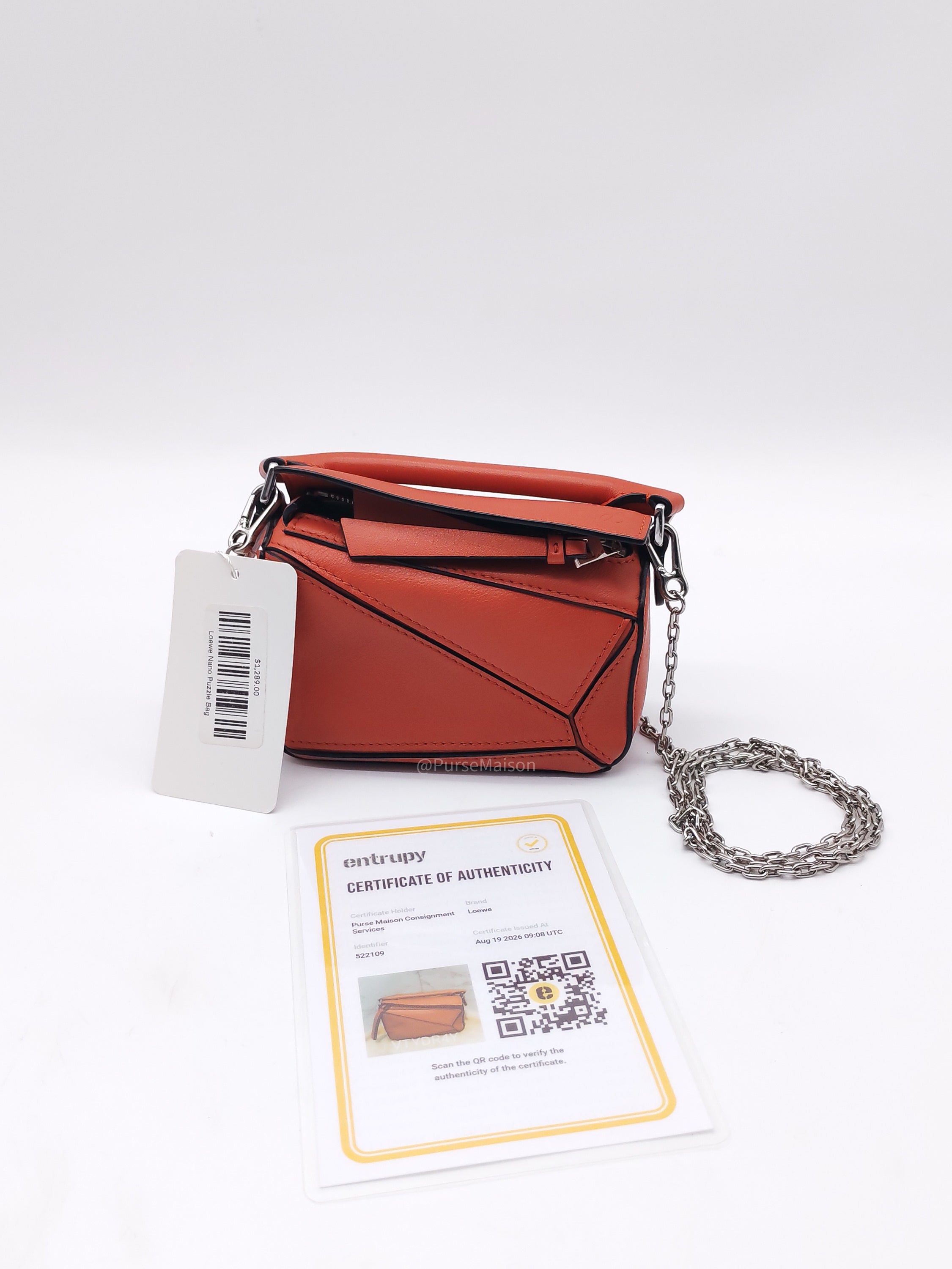 Loewe Puzzle Nano Bag in Red Orange Calfskin Leather Silver Hardware
