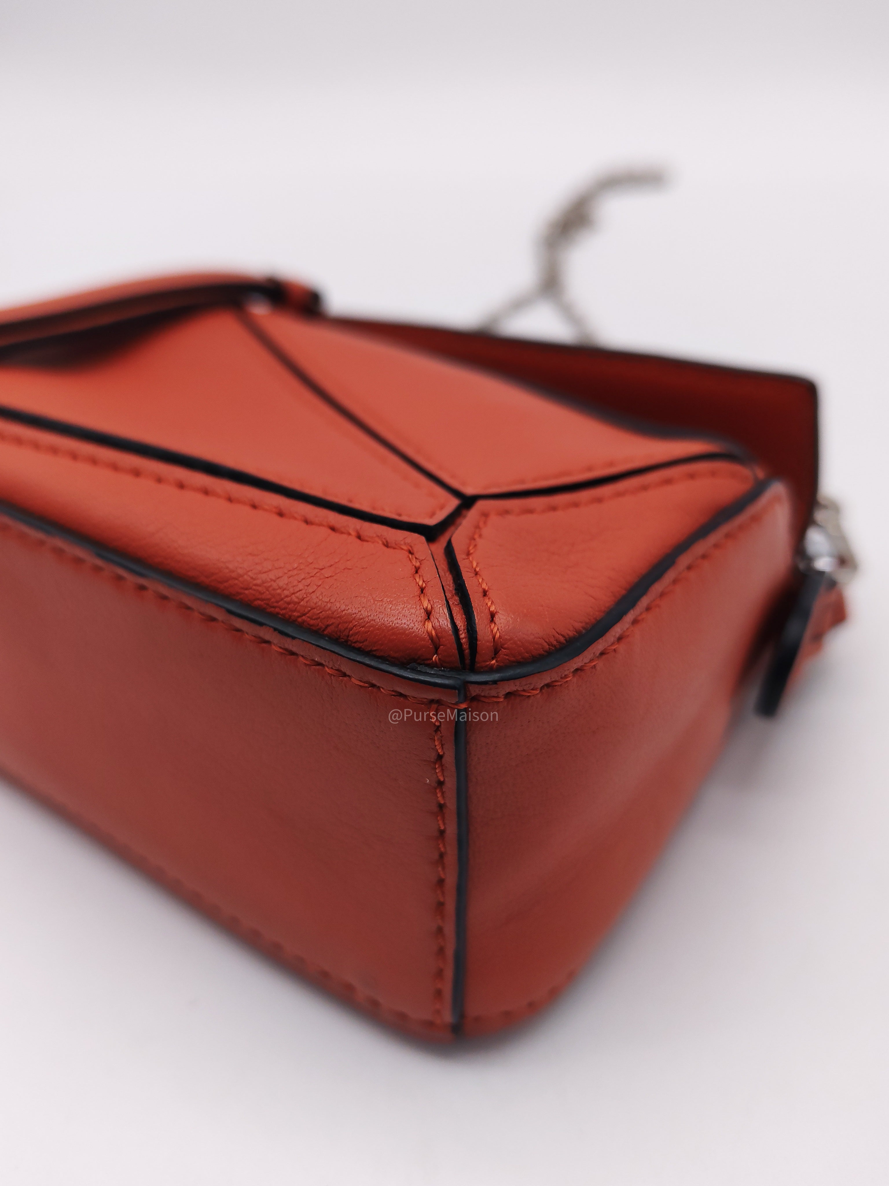 Loewe Puzzle Nano Bag in Red Orange Calfskin Leather Silver Hardware