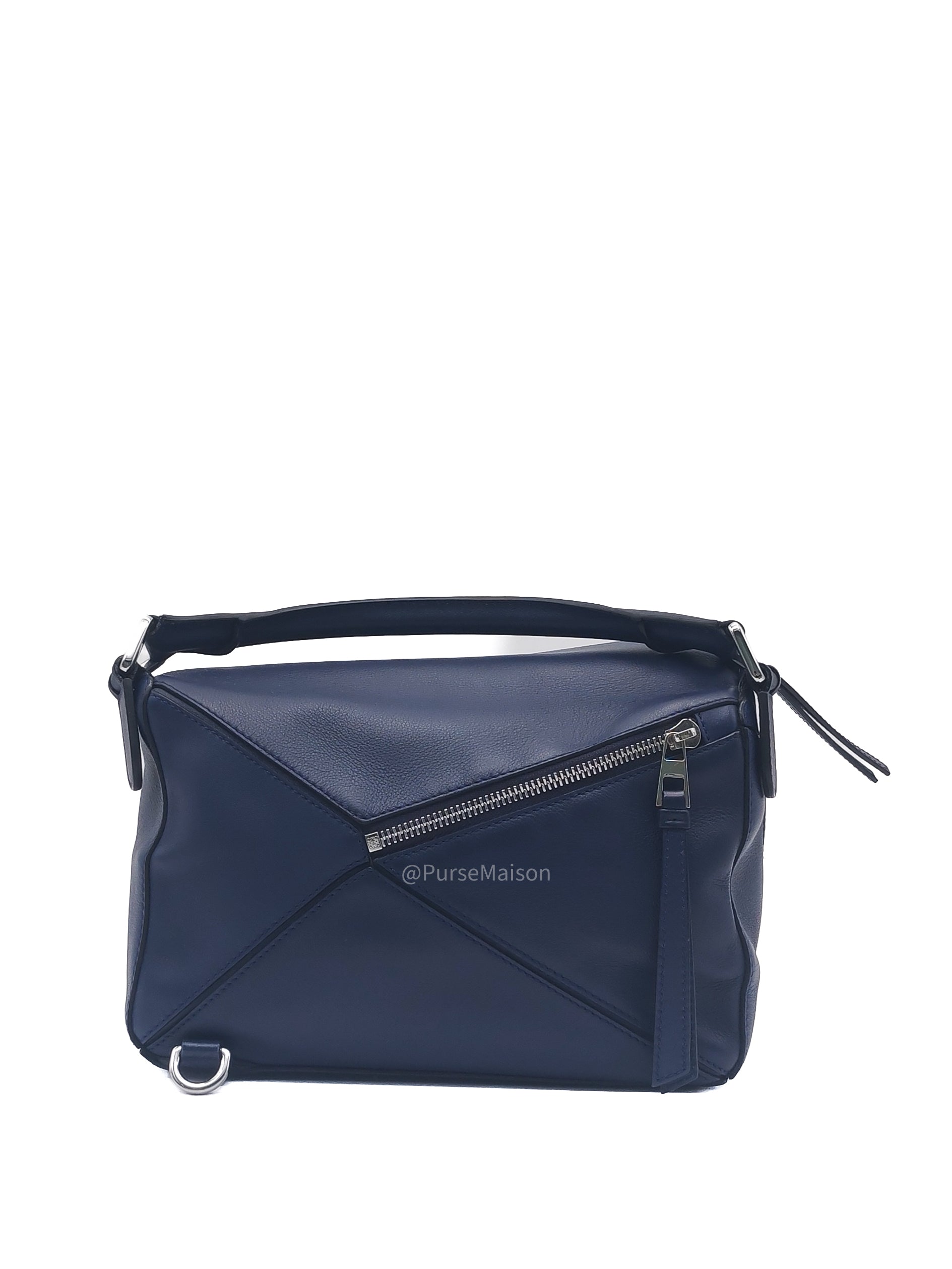Loewe Puzzle Bag Small in Dark Blue Calfskin Leather and Silver Hardware
