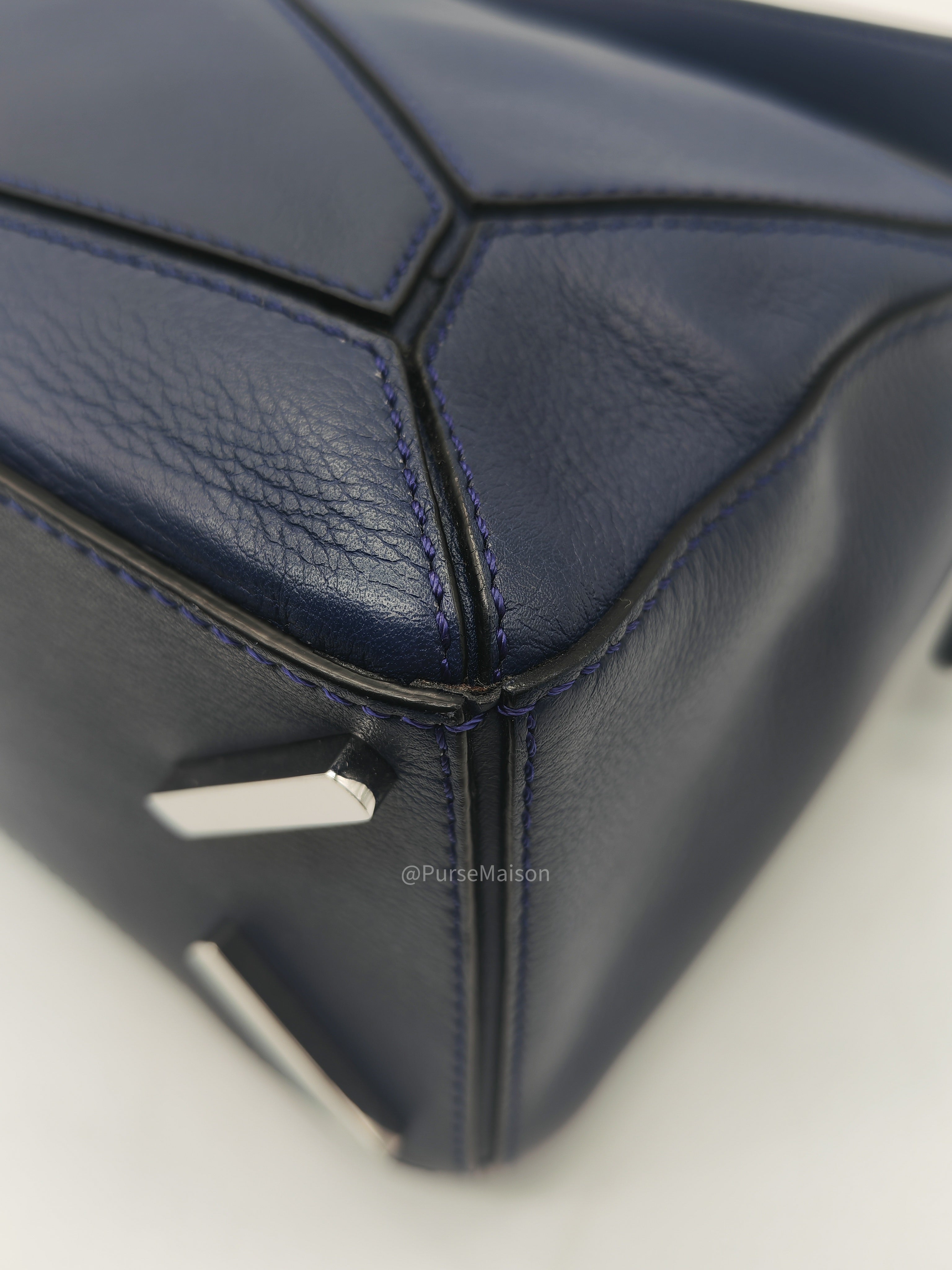 Loewe Puzzle Bag Small in Dark Blue Calfskin Leather and Silver Hardware