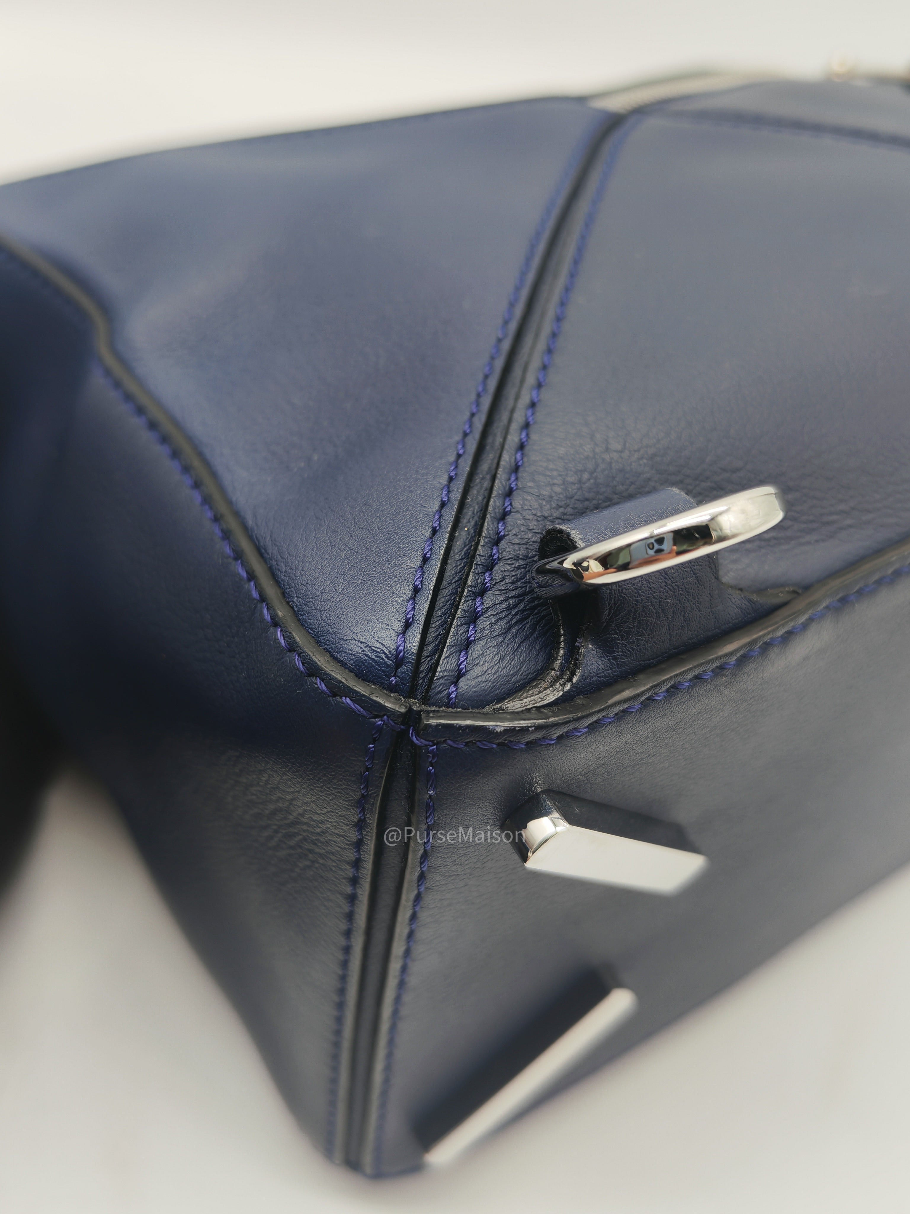 Loewe Puzzle Bag Small in Dark Blue Calfskin Leather and Silver Hardware