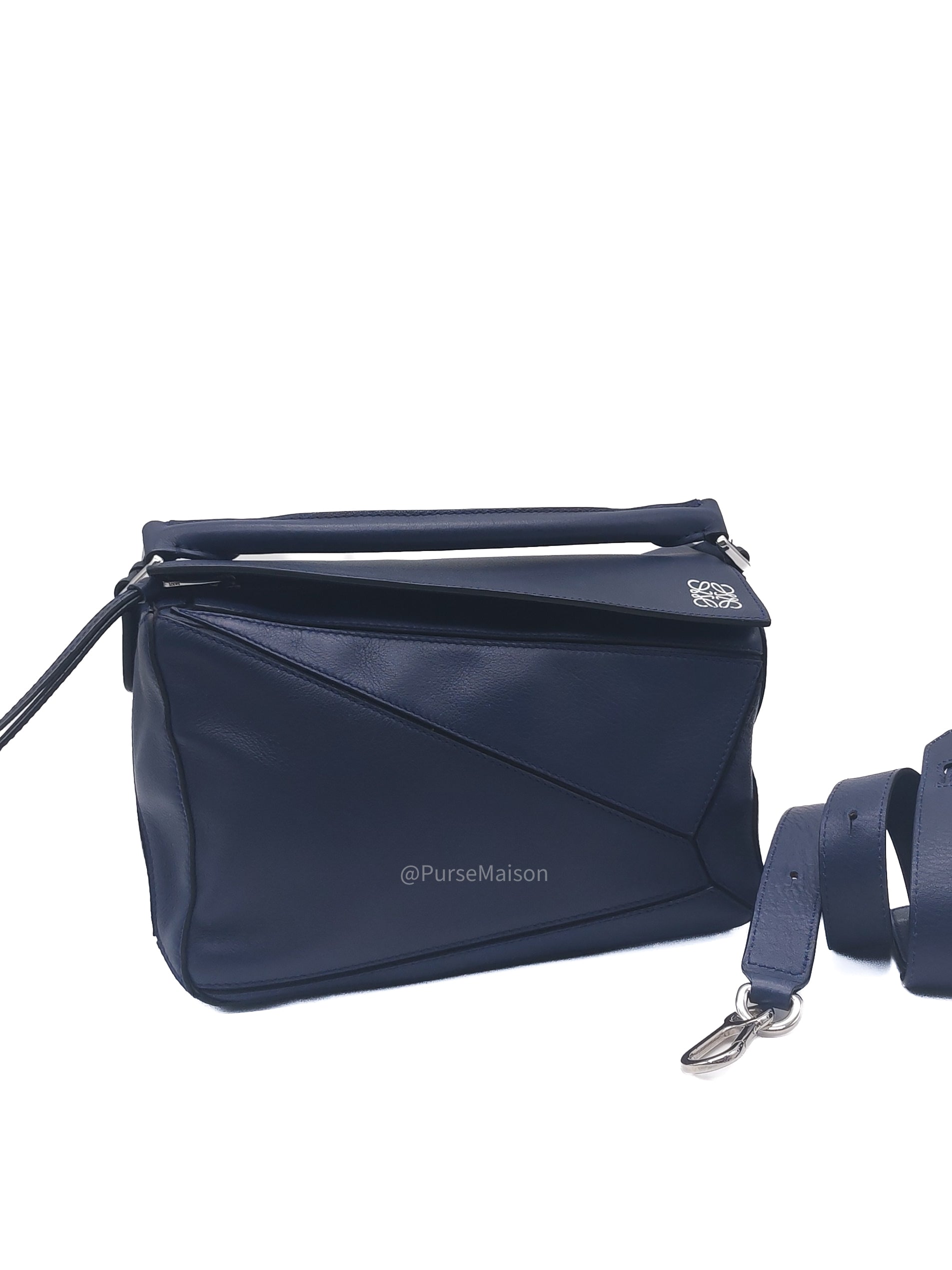 Loewe Puzzle Bag Small in Dark Blue Calfskin Leather and Silver Hardware