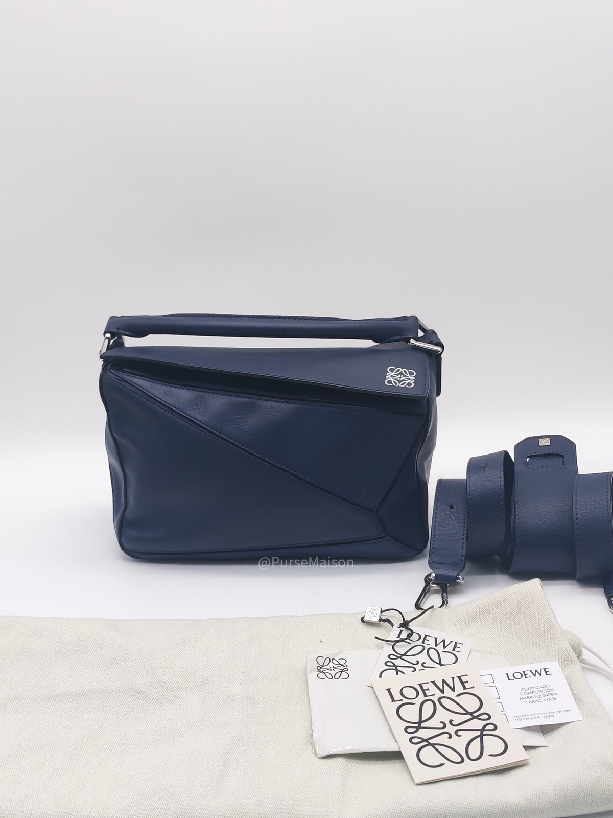 Loewe Puzzle Bag Small in Dark Blue Calfskin Leather and Silver Hardware