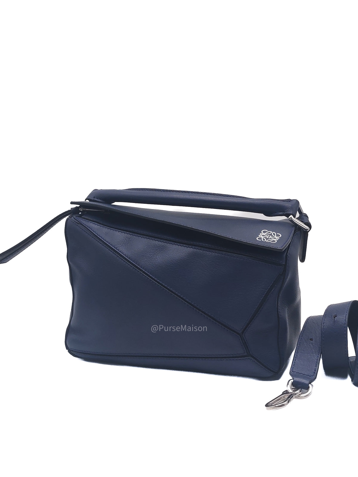 Loewe Puzzle Bag Small in Dark Blue Calfskin Leather and Silver Hardware