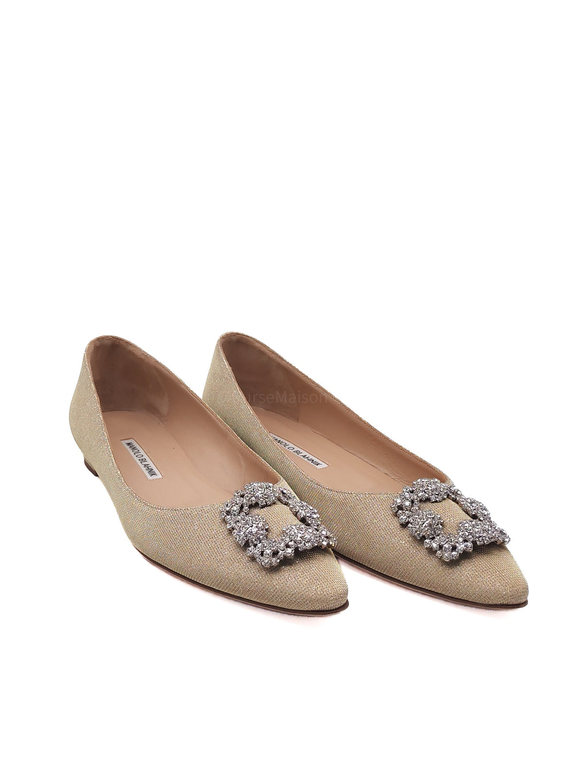 Manolo Blahnik Hangisi Flat Jewel Buckle Flat Pumps Satin in Champagne Size 40.5 EU (27.5 cm)