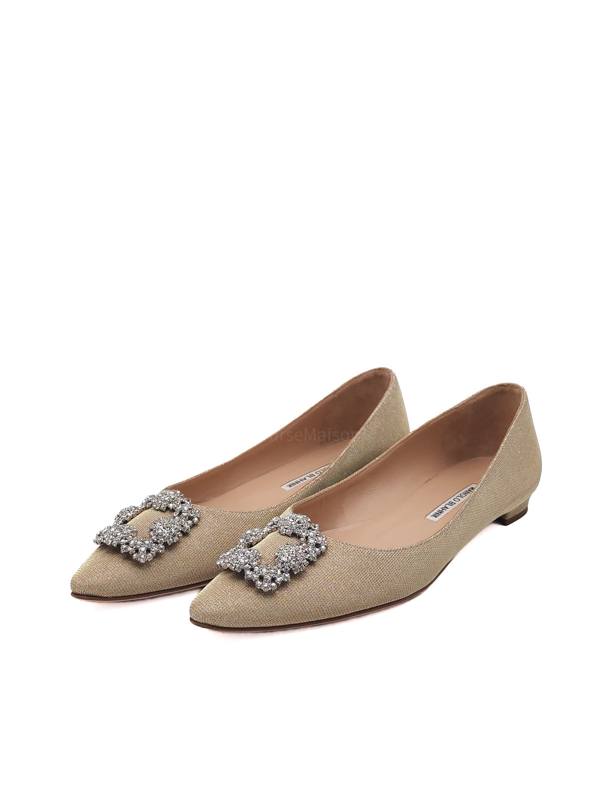Manolo Blahnik Hangisi Flat Jewel Buckle Flat Pumps Satin in Champagne Size 40.5 EU (27.5 cm)