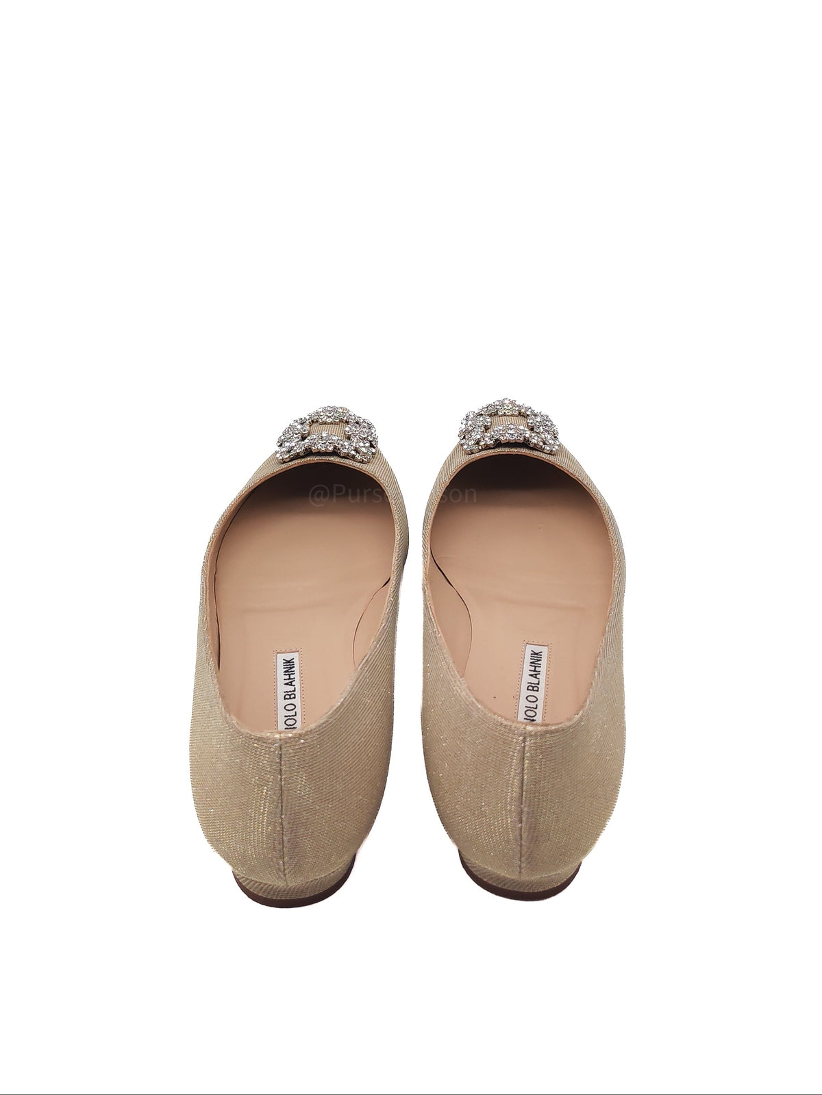 Manolo Blahnik Hangisi Flat Jewel Buckle Flat Pumps Satin in Champagne Size 40.5 EU (27.5 cm)